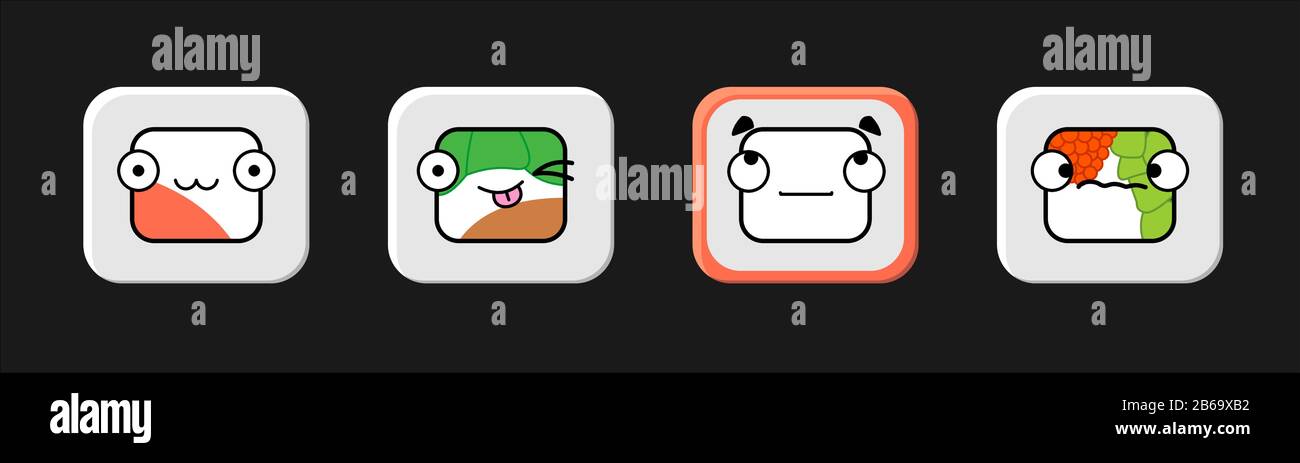 rotoli stilizzati con volti; divertenti, simpatici, simpatici rulli emoji, sushi, uramaki, machiushi con gli occhi Illustrazione Vettoriale