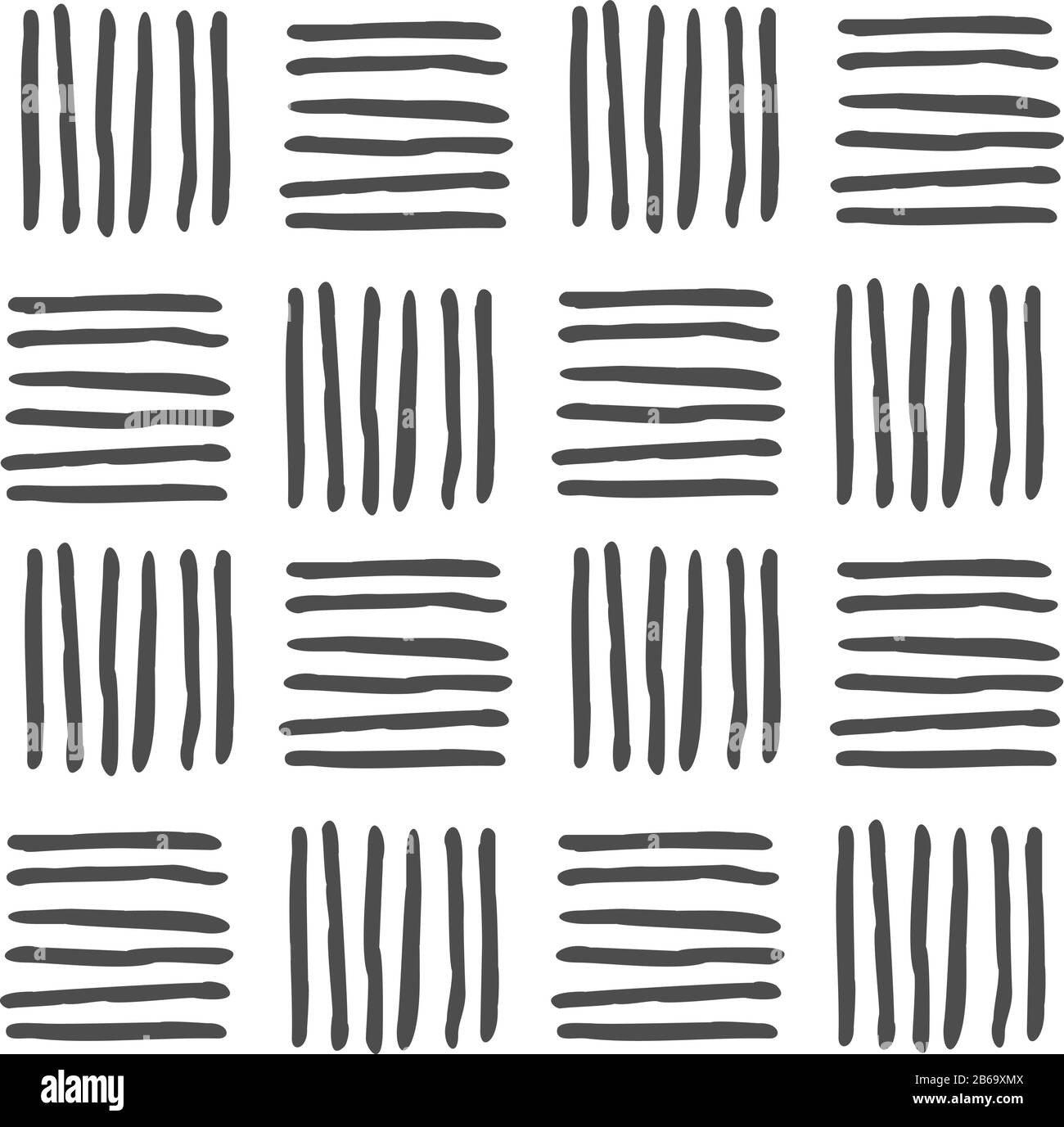 Tracciato geometrico vettoriale bianco e nero continuo di righe orizzontali e verticali disegnate a mano, linee. Per arredamento, tessile, tessuto, moquette, carta da parati, Illustrazione Vettoriale
