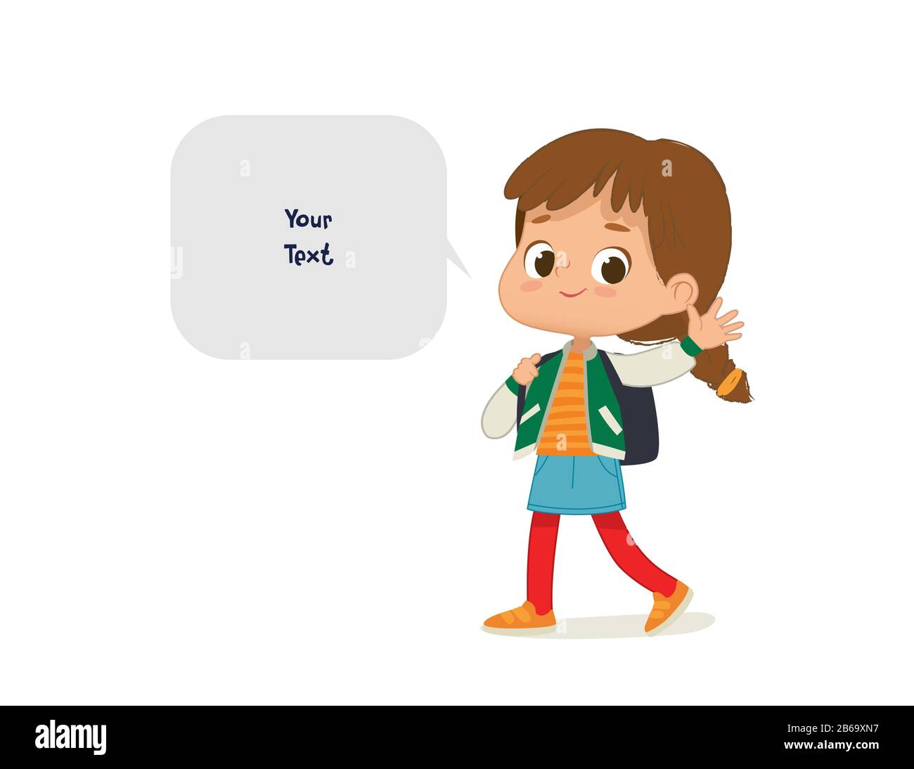 Illustrazione vettoriale della ragazza con lo zaino andare a scuola. Prescolare ragazza cammina a scuola. Scuola ragazza e bolla del discorso con posto per il testo Illustrazione Vettoriale
