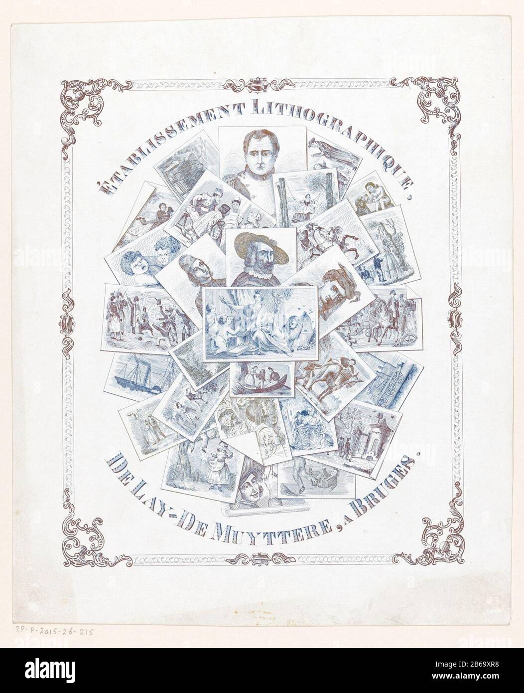 una raccolta di ritratti, stampe storiche e scene di genere all'interno di un omlijsting. Produttore : printmaker: Édouard il layout la stampante Muyttere (possibile): Édouard il layout il Muyttere (possibile) Luogo di produzione: Brugge Data: CA. 1842 - ca. 1857 caratteristiche Fisiche: Litografia in blu con bordo oro geporseleind materiale: Cartone geporseleind tecnica: Litografia (tecnica) dimensioni: Foglio: H 280 mm × W 233 mm Stampa In Oggetto, ad esempio: Engra, incisione, litografo Foto Stock