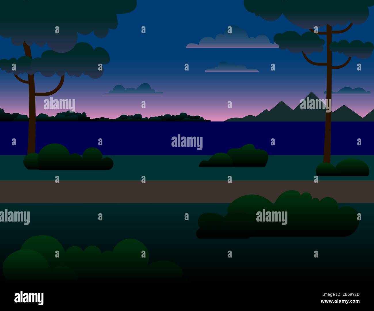 paesaggio notturno con un fiume, alberi, montagne, una foresta attraverso il fiume. Illustrazione Vettoriale