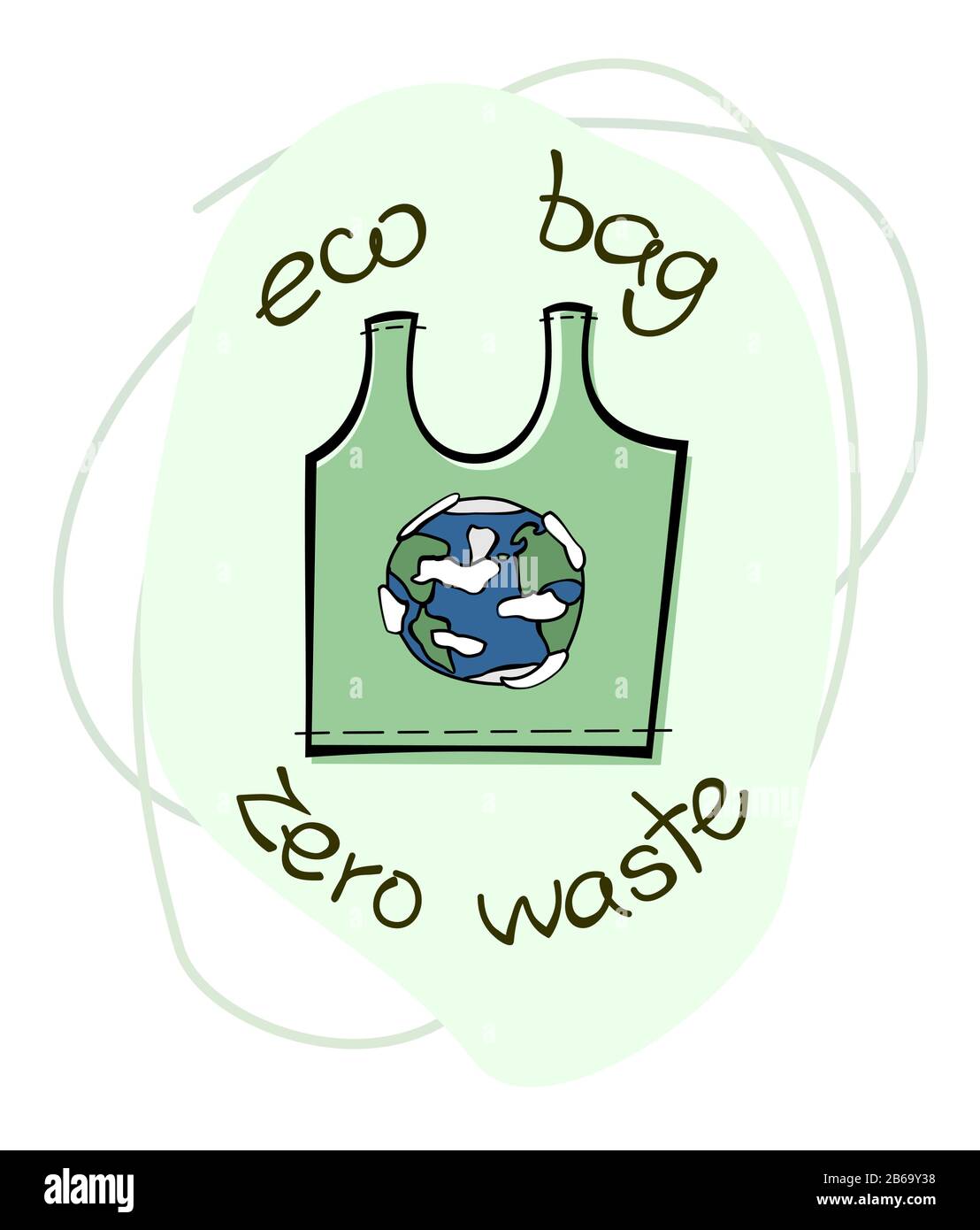 Eco bag riutilizzabile; vettore disegnato a mano. Zero rifiuti, dire no alla plastica. Illustrazione Vettoriale