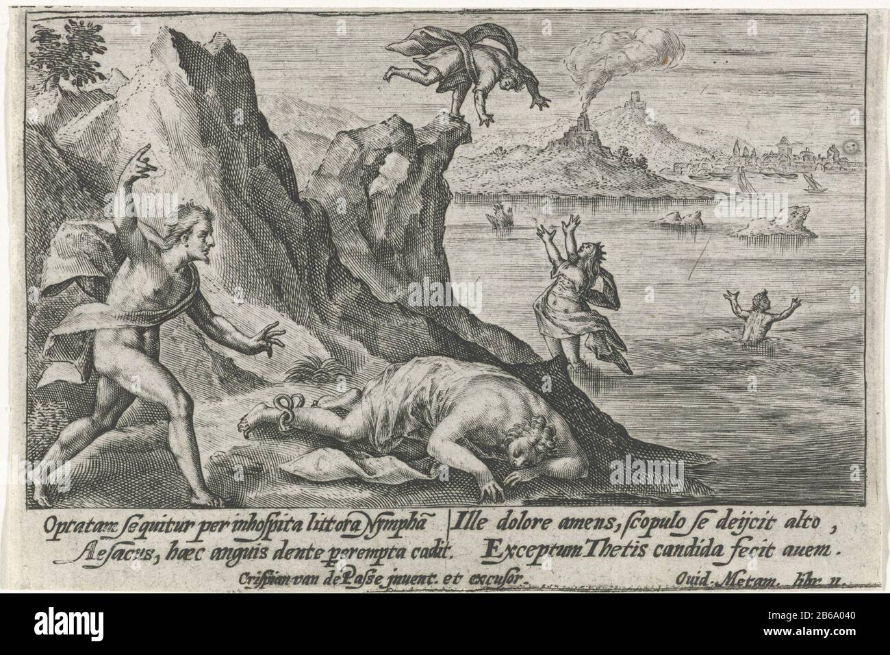 Aesacus chases Hesperia Metamorphoses Ovid (titolo della serie) Aesacus spie Hesperia che poi fugge. Poi è morsa da un viper, Dove: Aesacus salta su una roccia. La ninfa di mare Thetis la cattura e la trasforma in un uccello. Nel margine di una firma a quattro righe, in due colonne, nel Latijn. Produttore : stampatore: Crispjn of de Passe (i) nel suo disegno: Crispjn of de Passe (i) (mostrato sull'oggetto) scrittore, John Posthiusuitgever: Crispjn of de Passe (i) (edificio elencato) Fabbricazione Del Luogo: Colonia Data: 1602 - 1607 caratteristiche Fisiche: Materiale dell'automobile: Carta Tecnica: Engra (processo di stampa) Dimens Foto Stock