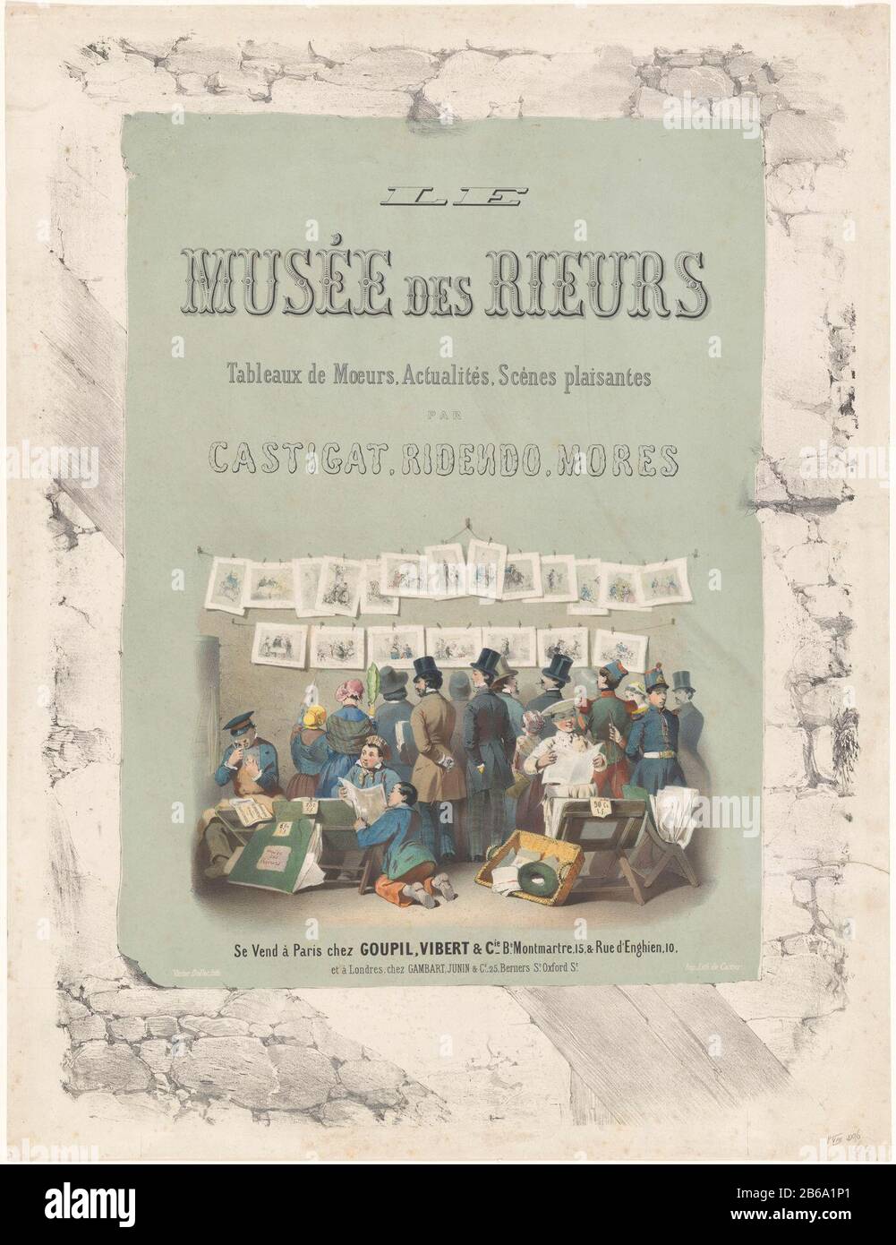 Cartellone attaccato ad un muro di pietra che mostra uomini, donne e bambini che guardano l'offerta di un venditore di stampa . Alcune delle stampe sono appese su un cavo contro la parete, il resto è vero: D in mappen. Produttore : stampatore: Victor Jean Francois Dollet (edificio elencato) stampante: François Louis Cattier (proprietà in elenco) Luogo fabbricazione: Parigi Data : 1847 caratteristiche Fisiche: Litografia in nero con blocco di tonalità in blu, materiale colorato a mano: Tecnica della carta: Litografia a toni / dimensioni del colore della mano: Foglio: H 660 mm × W 505 mm Rivenditore Di Oggetti d'arte (+ arti grafiche) stampa di commercianti di strada, ad esempio: Engra, etch Foto Stock