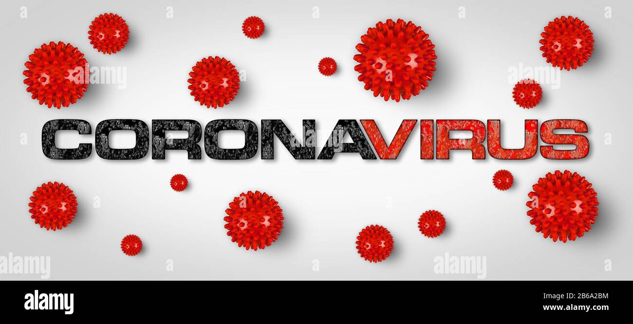 Coronavirus Covid-19 caratteri rossi con su sfondo grigio chiaro. Virus Corna epidemia globale pandemia concetto medico. Foto Stock