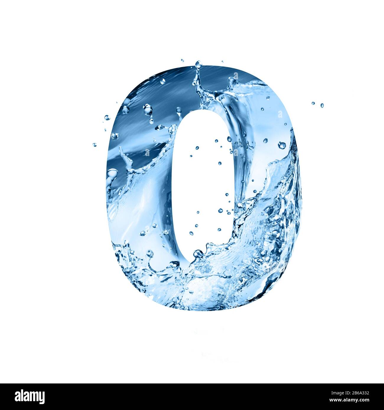 carattere stilizzato, testo fatto di schizzi d'acqua, cifra 0, isolato su sfondo bianco Foto Stock