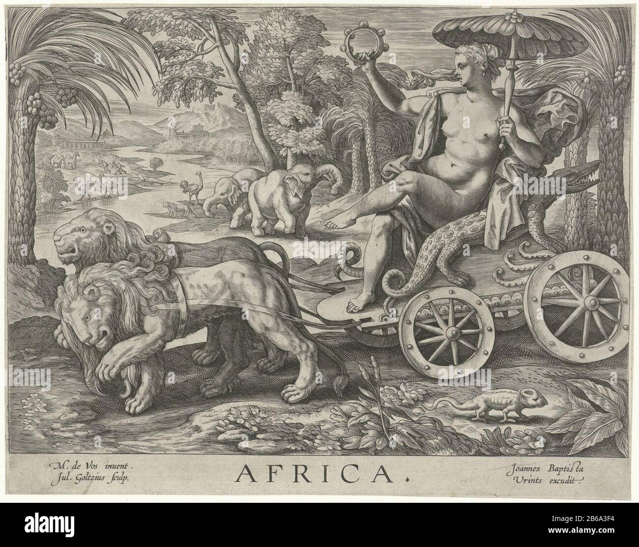 Africa Africa Africa (oggetto del titolo) i quattro continenti (titolo della serie) la personificazione femminile del continente africano è trascinata da due leoni. Oltre al suo coccodrillo. Ha un tamburello nella sua mano destra e un ombrello a sinistra. Lasciato in background animali africani come leoni, elefanti e struzzi. In primo piano, un camaleonte. La stampa fa parte di una serie di quattro parti con le personificazioni dei quattro continenten. Produttore : printmaker Julius Goltzius (listed property) Designed by: Marten de Vos (listed building) Editore: Johannes Baptista Vrints (i) (indicato da ob Foto Stock