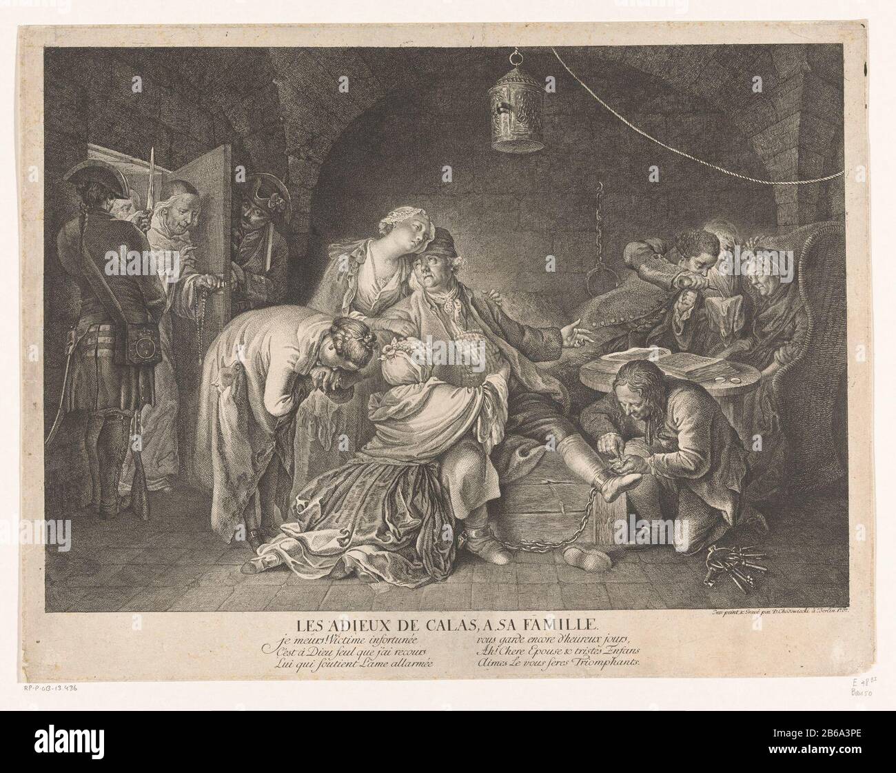 Addio Jean Calas in carcere Les adieux il Calas, un sa famille (oggetto del titolo) commerciante francese Jean Calas di Tolosa è stato nel 1761 falsamente accusato di omicidio Marc Antoine, suo figlio di 30 anni. Calas (Calvinista) avrebbe ucciso perché volevano convertirsi al figlio del cattolicesimo. Calas alla morte fu introdotto nel marzo 1762. Questa immagine mostra come la famiglia addio Calas. Le figlie di Calas abbracciano il padre, mentre il figlio Pierre si trova a riva. Nell'angolo destro c'è la moglie di Calas svenato. L'avvocato Gaubert LAVAYSSE e la cameriera che cercano di portarla con un panno umido hanno riguadagnato coscienza. Foto Stock