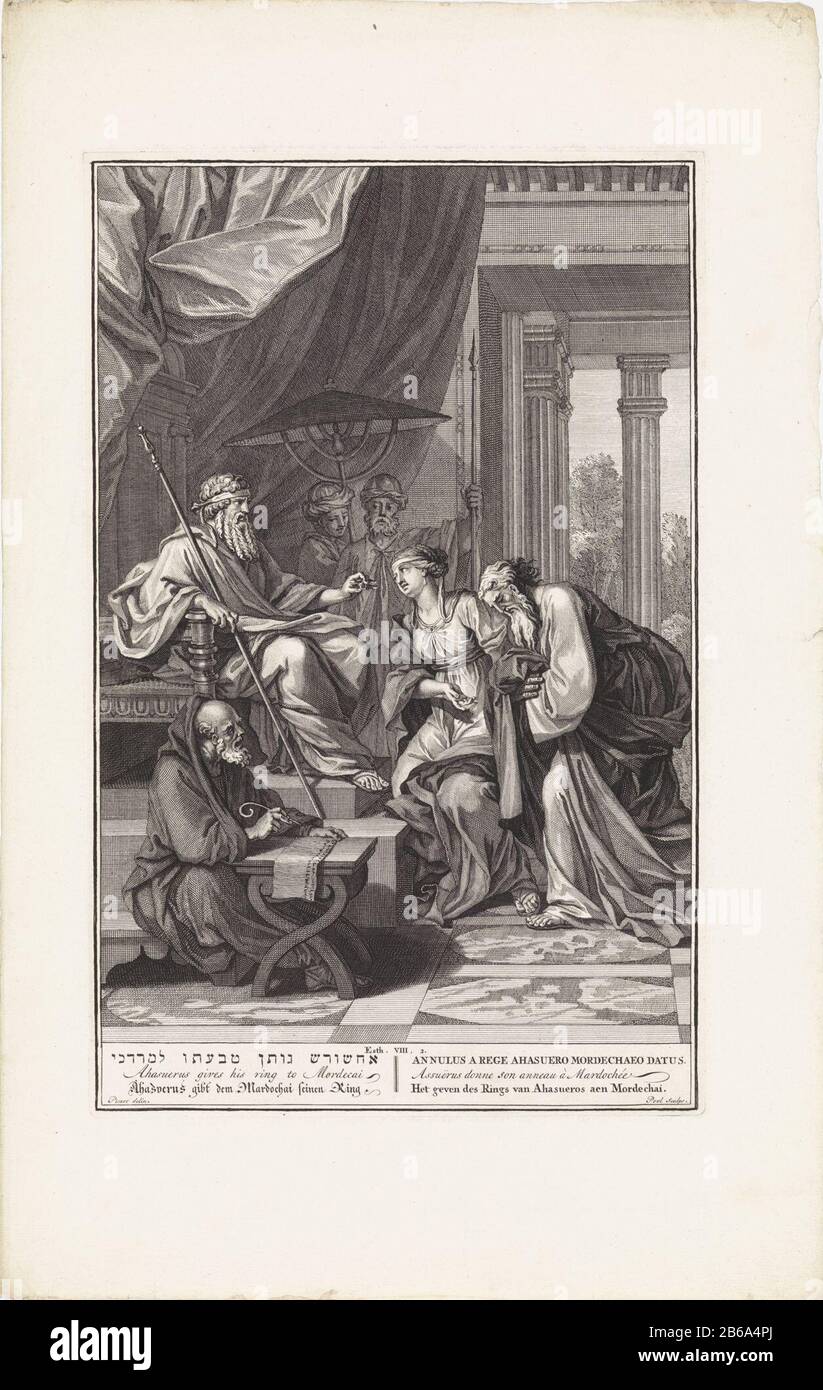 Ahasveros dà l'anello a Mordechai Assuerus dare l'anello a oggetto Mordechai tipo : Picture book illustrazione numero articolo: RP-P-1934-214 Iscrizioni / marchi: Collector's mark, vero Lower right, timbrato: Lugt 2228opschrift, vero, inchiostro manoscritto in marrone: 'Utrecht Foundation Huijs' Descrizione: Il re Assuero fa suonare il signet a He Haman, nemico dei Giudei era caduto e lo dà a Mardocheo. L'estere sta tra loro e Mardocheo dà la gestione di proprietà di Haman. Illustrazione dell'Est biblico. 8: 2. Tra i titoli della mostra in ebraico, inglese, tedesco, latino, francese e olandese Foto Stock