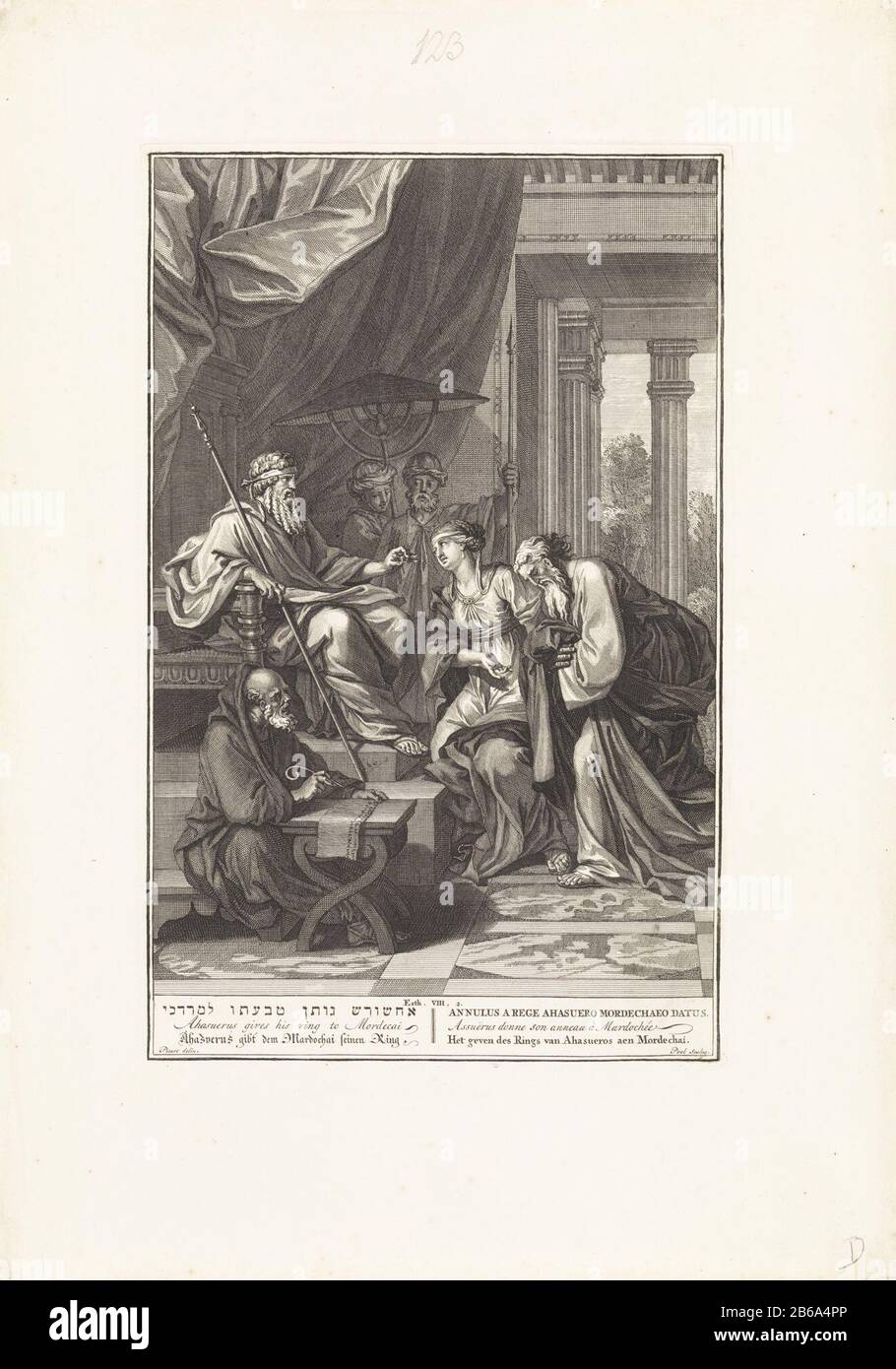 Ahasveros dà l'anello a Mordechai re Assuerus fa l'anello del signet fuori ha impiccato , nemico degli ebrei era caduto e lo dà a Mardocheo. L'estere sta tra loro e Mardocheo dà la gestione di proprietà di Haman. Illustrazione dell'Est biblico. 8: 2. Tra i titoli della mostra in ebraico, inglese, tedesco, latino, francese e olandese. Produttore : printmaker: Matthijs Pool (proprietà quotata) al disegno: Bernard Picart (edificio elencato) editore: Bernard Picart (possibile) editore: Pieter de Hondt (possibile) Luogo produzione: Print maker: Amsterdam Editore: Amsterdam Editore: Den Haag Foto Stock