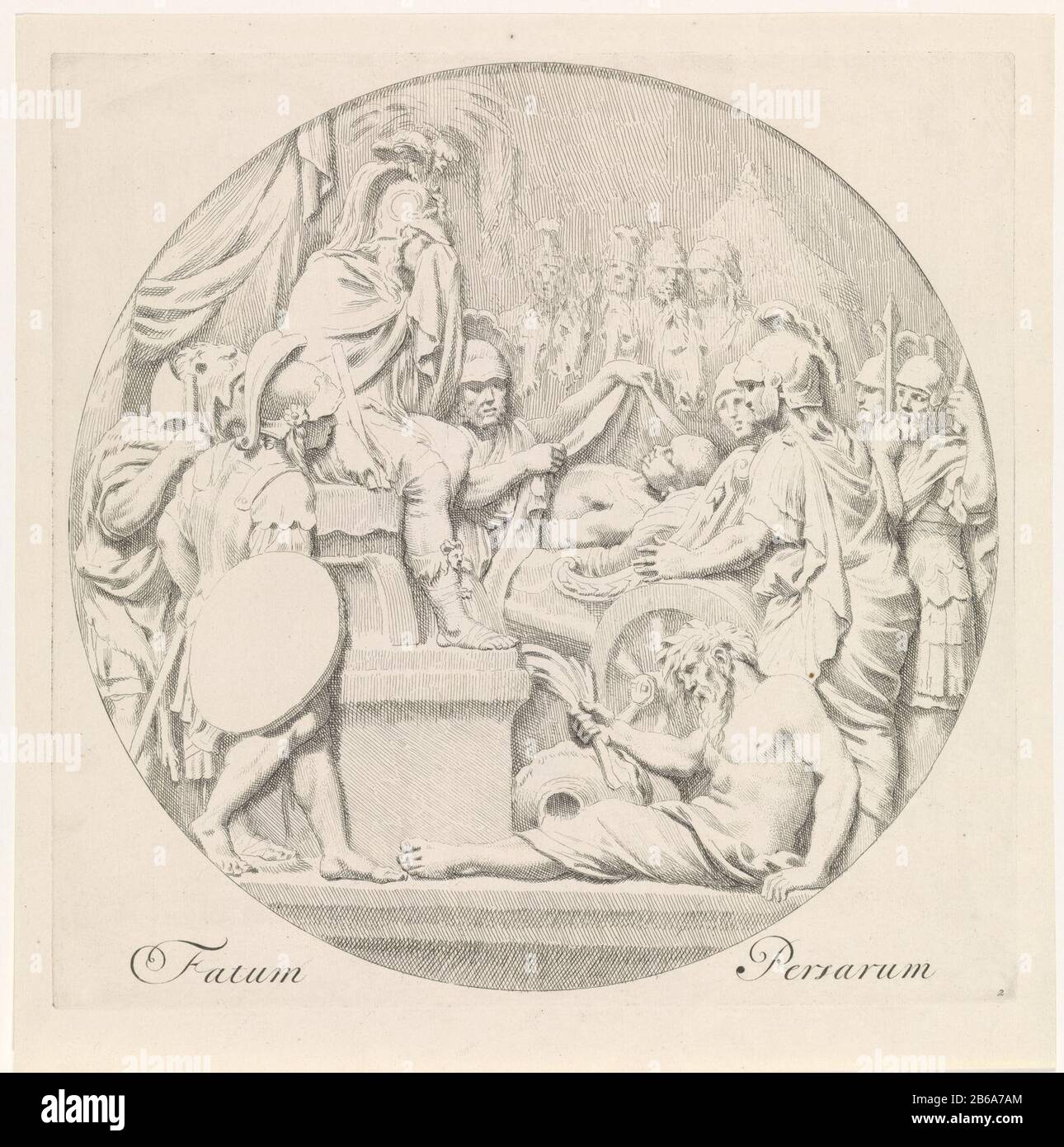 Rappresentazione rotonda. Alessandro il Grande siede su un trono, circondato da soldati. Uno dei soldati gli mostra il cadavere del re Dario III di Persia assassinato da Bessus, uno dei suoi soldati. Alexander piange la morte del suo avversario. La stampa è un bassorilievo perduto di Gerard de Lairesse ed è parte di una serie di quattro parti sul tema della caduta degli imperi nel classico oudheid. Produttore : stampatore John Glauber al disegno: Gerard de Lairesse alla pittura: Gerard de Lairesse Luogo fabbricazione: Stampatore: Sconosciuto al disegno di: Amsterdam Data: 1684 - 1726 carattere Fisico Foto Stock