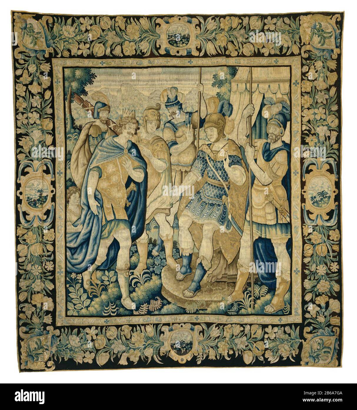 Alexander accoglie un re Storia di Alessandro il Grande (titolo della serie) Wandtapijt Met koning Porus (?) Alexander bezoekend, uit een serie met de geschiedenis van Alexander de Grote. Produttore : vervaardiger: AnoniemPlaats fabbricante: Zuidelijke Nederlanden Dating: CA. 1525 - ca. 1650 Materiale: Ketting: WOL inslag: WOL inslag: Zijde Techniek: Tapijwerk dimensioni: H 328,0 cm. × b 307,0 cm. Foto Stock