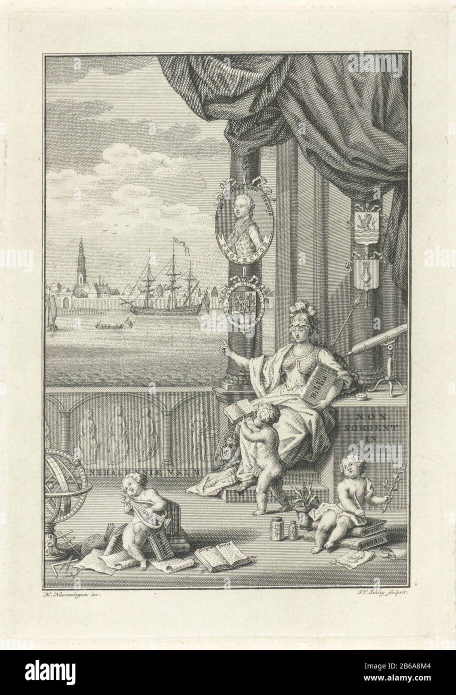 Allegoria con Minerva Minerva con tre putti su una terrazza che si affaccia su un ampio fiume con barche e una città. Il putto su due libri (Dove: Un Vondel) siede, scrive e tiene un ramo di olivo (simbolo di pace) in mano. Un altro putto che suona una lira e quest'ultima è un libro per Minerva. Un pilastro appese il ritratto di Guglielmo V, Principe di Orange-Nassau e wapenschild. Produttore : stampatore Jacob van der Schley (proprietà in elenco) Designed by H. Nieuwenhuysen (proprietà in elenco) Luogo di fabbricazione: Amsterdam Data: 1751 - 1779 caratteristiche Fisiche: Acquaforte e engra materiale: Carta Tecnica: Ecc Foto Stock