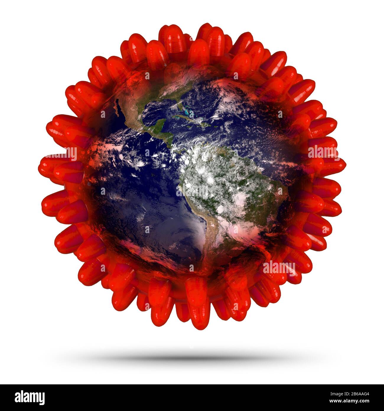 Coronavirus Covid-19 rosso con mondo terrestre globo. Virus Corna epidemia globale pandemia concetto medico. Elementi di questa immagine fornita da NA Foto Stock