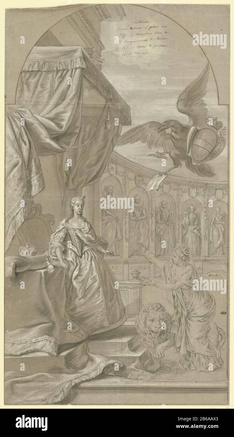 Allegoria dell'inaugurazione dell'Archduchessa Maria Anna d'Austria come reggente, nel 1744 Allegoria sull'inaugurazione dell'Archduchessa Maria Anna d'Austria come reggente dei Paesi Bassi austriaci. Il reggente che sta accanto alla sua sede sotto un baldacchino con lei per la Vergine dei Paesi Bassi del sud con il leone. Sullo sfondo un muro con nicchie con statue di cinque governatore nota che Maria Anna è andata prima. In aria, l'aquila asburgica con arma e documento (il certificato di nomina). L'iscrizione in alto si riferisce erroneamente a Maria Theresia. Progettazione di uno spettacolo fondato sull'arco trionfale Foto Stock