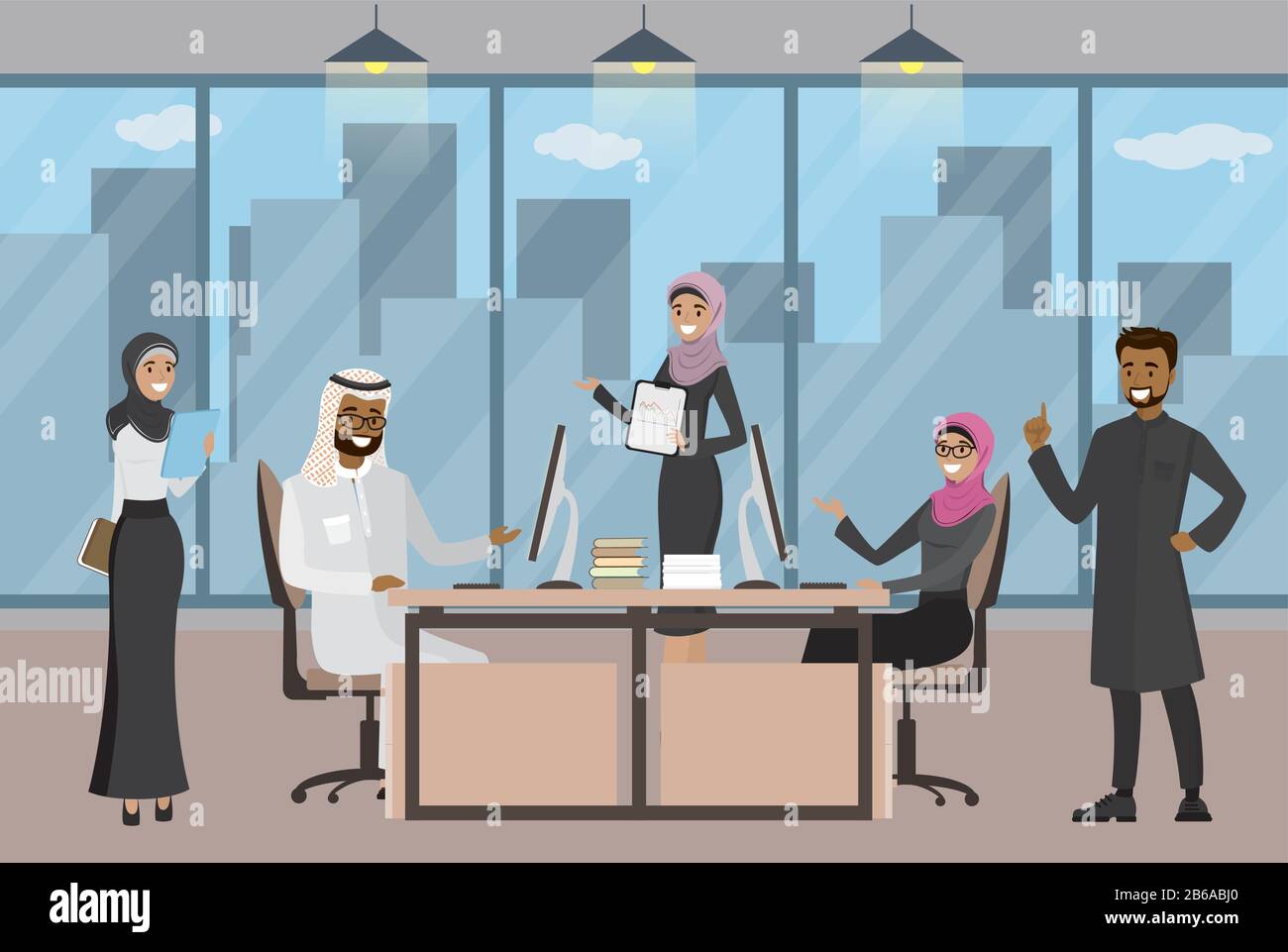 Gruppo di uomini d'affari arabi o lavoratori d'ufficio in ufficio moderno, interni di lavoro con mobili, uomini d'affari musulmani brainstorming, vettore piatto illust Illustrazione Vettoriale