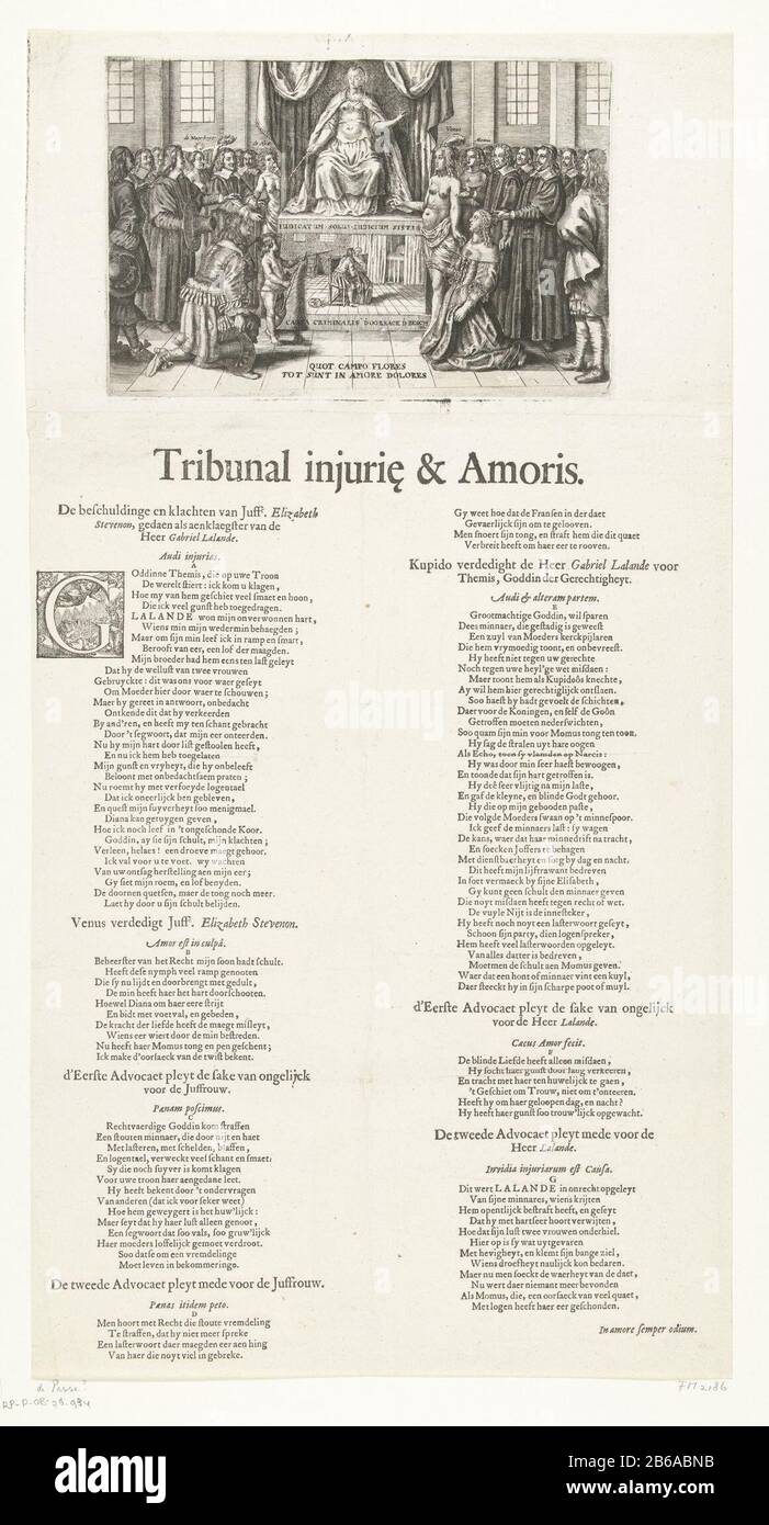 Allegoria del caso d'amore tra Elizabeth e Gabriel Lalande Lestevenon, 1661 Tribunal injurie & Amoris (oggetto del titolo) Allegoria del caso d'amore tra il commerciante francese Gabriel Lalande e la giovane donna Elisabeth Lestevenon Amsterdam, Luglio 1661. Giustizia (Themis) agisce come giudice nel caso tra i due ex amanti. Tra di lei una foto degli amanti. Prima di inginocchiarsi due partiti da entrambi i lati, a sinistra con il Lalande Dove: Di destra Lesteveon con Amore (Venere); inoltre, molti astanti. Sotto il piatto una lunga causa di Venere e Cupido e gli avvocati in questo zaak. Produttore Foto Stock