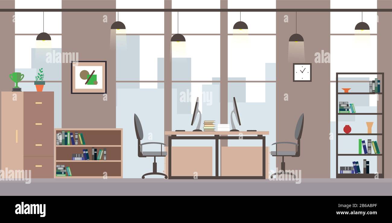 Ufficio moderno o lavoro di coworking, arredamento piatto e mobili, illustrazione vettore cartone animato Illustrazione Vettoriale