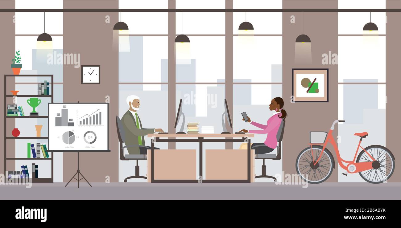 Moderno ufficio di affari o di lavoro di coworking, design degli interni con mobili, gente di affari che lavora, illustrazione di vettore piatta Illustrazione Vettoriale