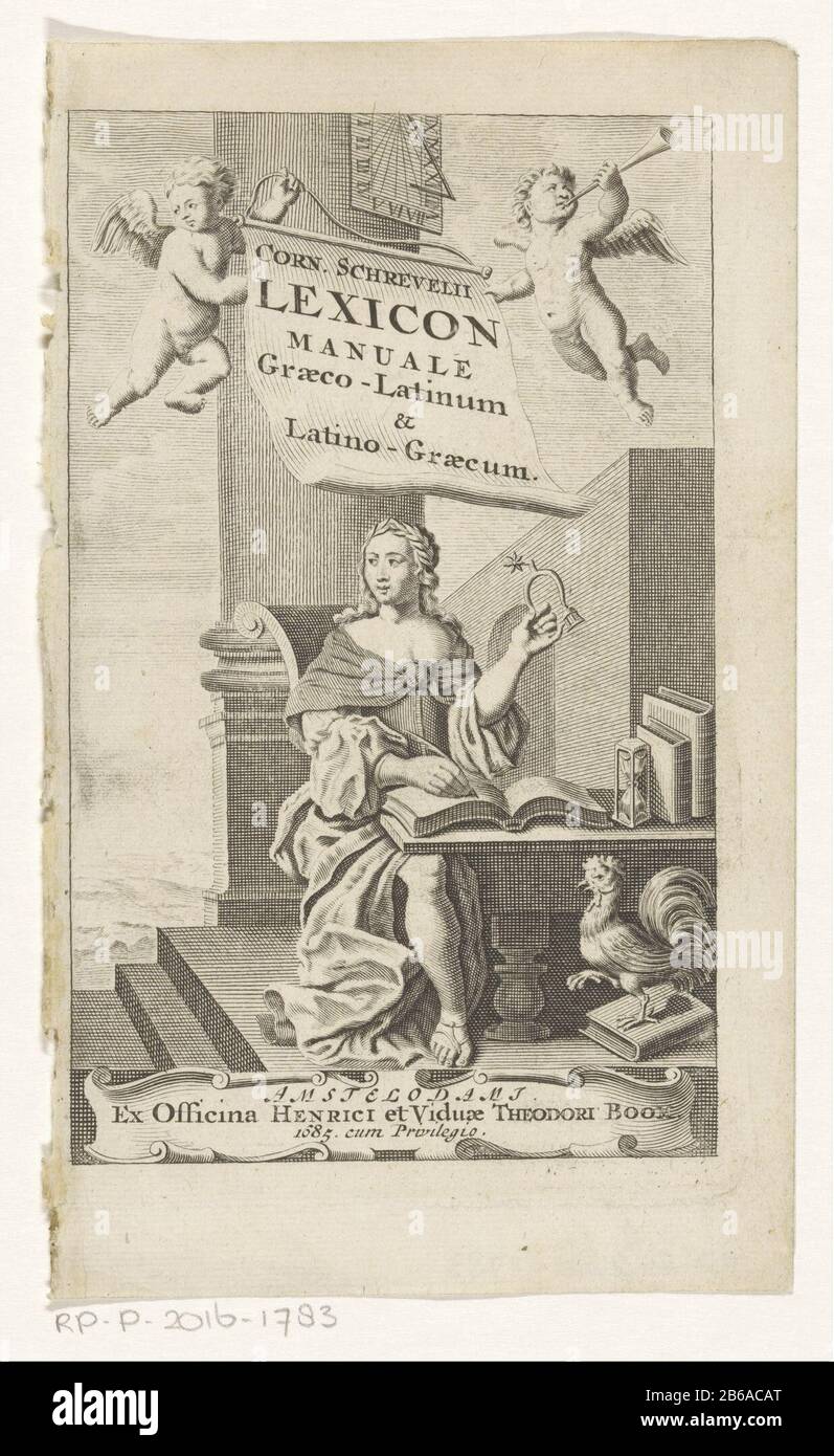 Allegoria discorso titolo pagina per Cornelis Schrivelius, Lexicon manuale Graeco-Latinum, 1685 una donna, in classico garb, seduta dietro una scrivania, in una manigella, un riferimento alla ragione. Sul tavolo una clessidra come simbolo di transitanza. Ai suoi piedi un gallo, simboleggiando la vigilanza. Sul pilastro dietro di lei una meridiana, che si riferisce al passaggio del tempo. Due angeli tengono un banner fisso Dove: Il titolo nel Latijn. Produttore : printmaker: Anonymous publisher: Hendrick and Widow Dirk Tree (listed property) provider of Privilege: Anonymous (listed property) Place manufactured: Amsterdam Date: 1 Foto Stock