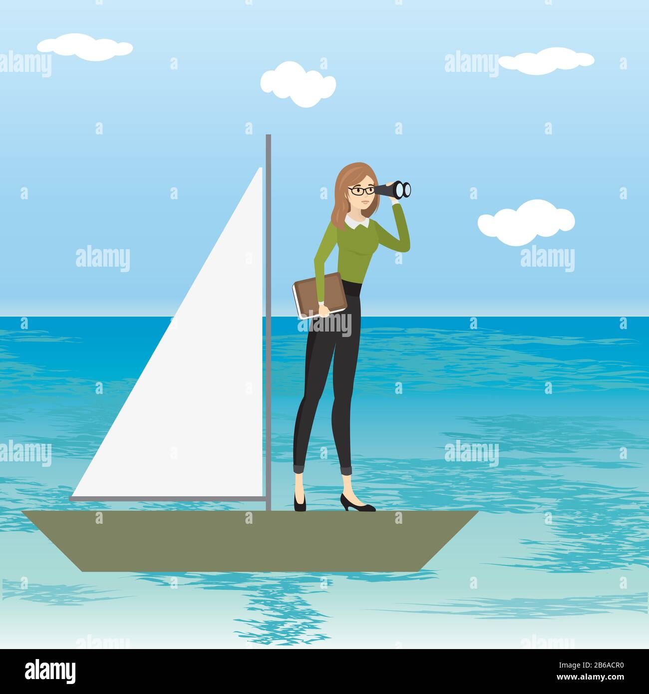 Donna d'affari che guarda attraverso il binocolo, femmina in piedi su una nave, cartone animato vettore illustrazione Illustrazione Vettoriale