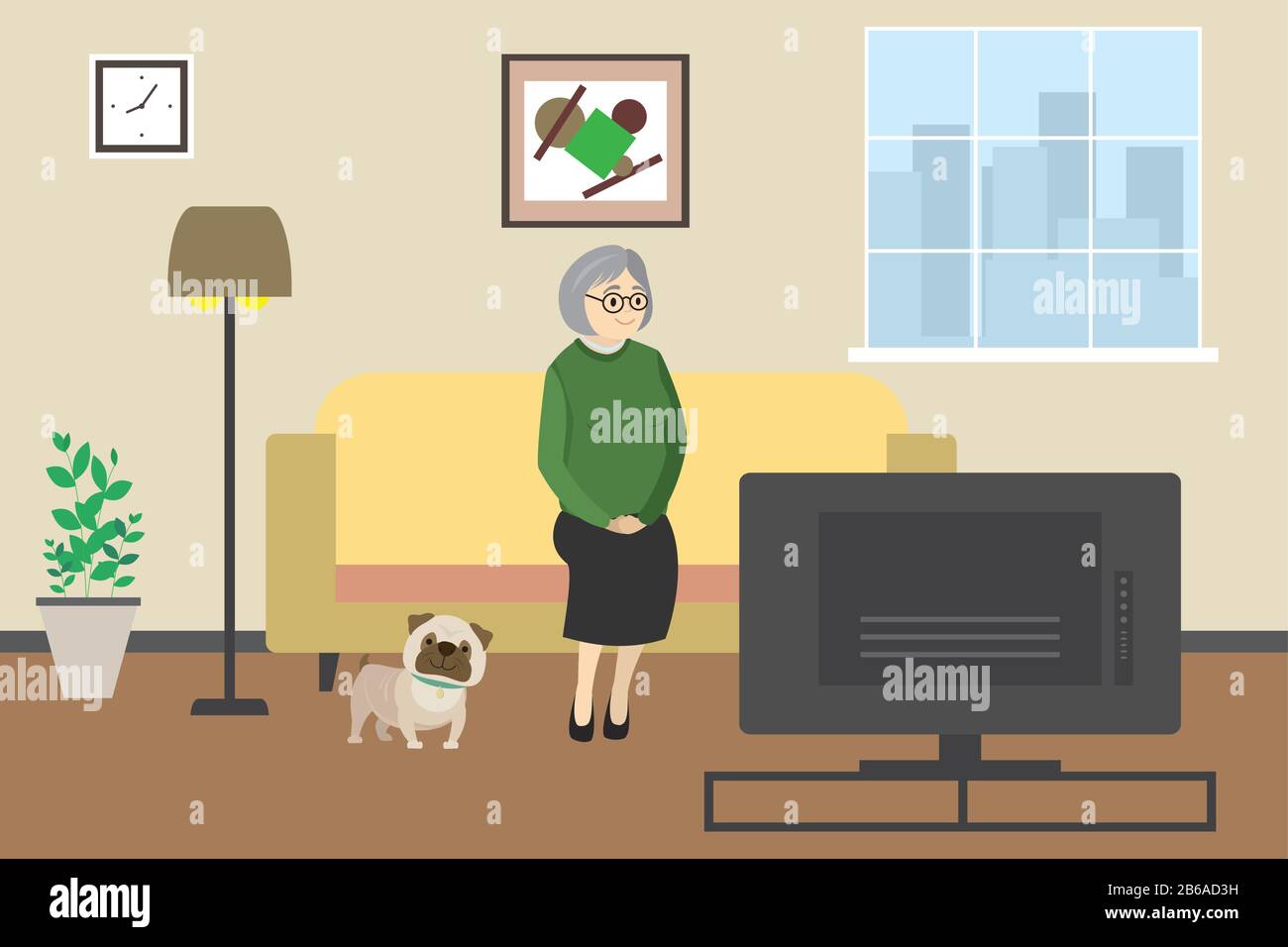 Cartone animato vecchia donna o nonna a casa guardando la tv con cane, interni domestici con mobili, piatto vettore illustrazione Illustrazione Vettoriale