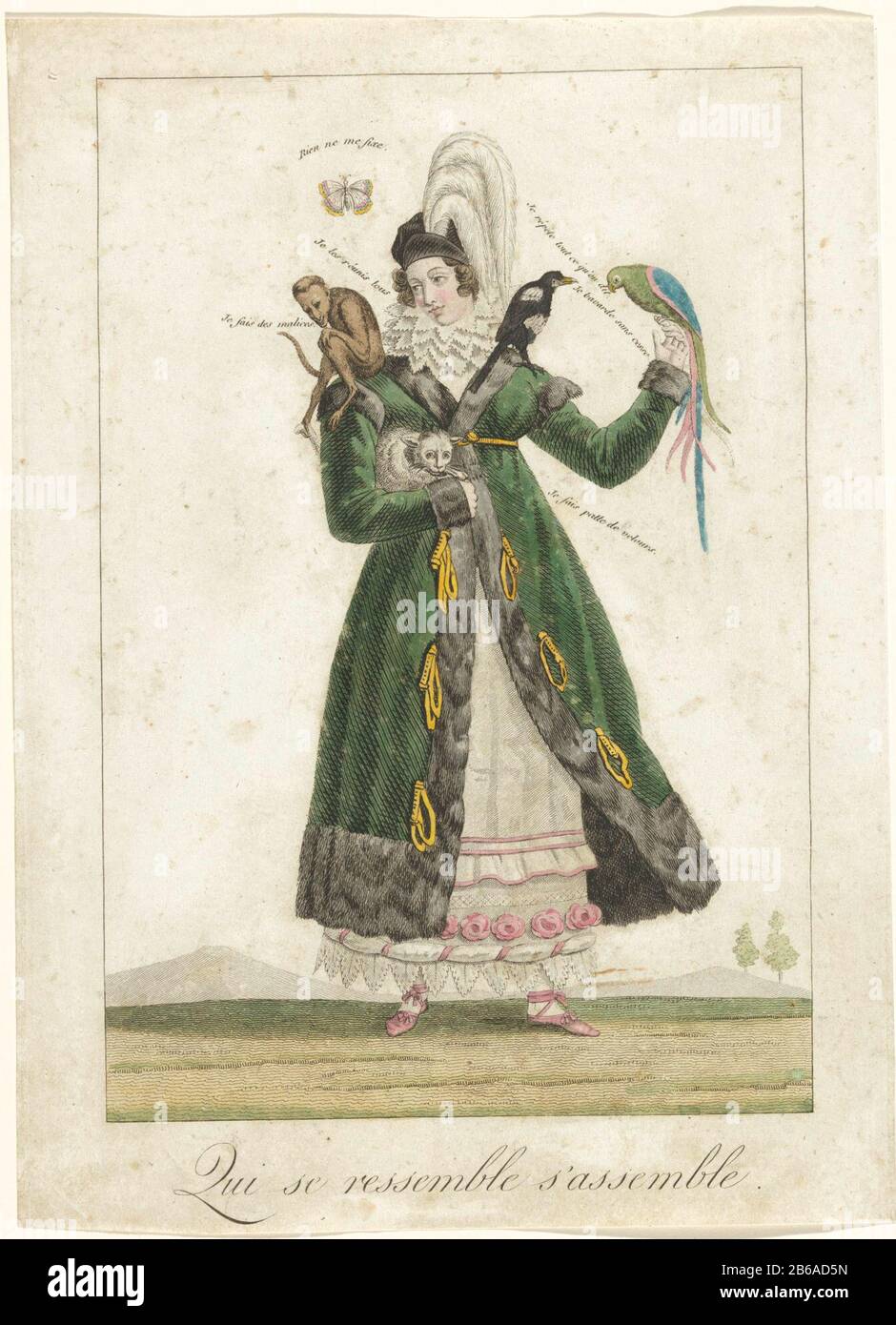 Allegoria sulla donna Qui se resacre s'assemble (oggetto del titolo) donna in moda vestire diversi animali con loro che raffigurano le sue caratteristiche Dove: Sotto una farfalla (volatilità), scimmia (naughtiness) pappagallo (pappagallo), magpie (malattia di chiacchierata) e gatto (morbidezza apparente) . Produttore : printmaker Louis Francois CharonPlats fabbricante: Paris Datato: CA. 1815 caratteristiche Fisiche: Incisione, con il materiale colorato a mano: Tecnica della carta: Incisione / mano-colore dimensioni: H 274 mm × W 197 mm Oggetto: Moda donna alla moda, 'belle'adulto womanpernicious influenza delle donne, 'femmes Foto Stock