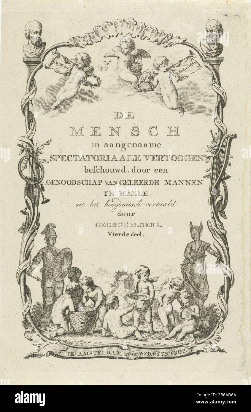 Allegoria della saggezza e delle arti pagina del titolo per GM Nebe, l'uomo considerato Accogliente spettatore rimostranze, 1773-1778 una statua di Minerva, la dea delle arti e l'apprendimento, e una statua Di Stupidità, una donna con orecchie d'asino. Tra le immagini che suonano putti. Tre putti ottengono il miele da un alveare, legga altri putti putti e uno che indossa un cappuccio frigio e tiene una scala, che è riempito di carte nelle sue mani. Top tre putti galleggianti con trombe loft e wreaths alloro. L'opera musicale di bordo è riconosciuta come simbolo delle arti. Titolo di un libro Dove: Nei testi contenevano una società Foto Stock