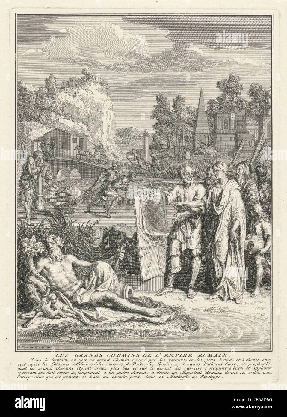 Allegoria sulla strada per Roma titolo pagina per un Berger, Histoire des grands chemins de l'Empire romain, 1728 Paesaggio con in primo piano un ingegnere romano che mostra una mappa stradale per un magistrato. Collegamenti con il Tevere, con Romolo, Remo e il lupo che riposano a lato del fiume. In background gli uomini livellano una strada. In margine una firma vijfregelig in Frans. Produttore : stampatore: Bernard Picart (edificio elencato) nella sua bozza: Bernard Picart (proprietà elencata) Luogo di produzione: Amsterdam Data: 1728 caratteristiche Fisiche: Incisione e engra dimensioni: Bordo della piastra: H 220 mm b × 159 Foto Stock