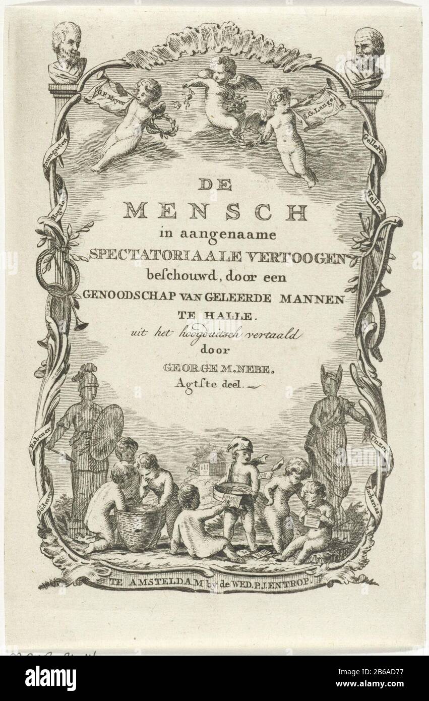 Allegoria della saggezza e delle arti pagina del titolo per GM Nebe, l'uomo considerato Accogliente spettatore rimostranze, 1773-1778 una statua di Minerva, la dea delle arti e l'apprendimento, e una statua Di Stupidità, una donna con orecchie d'asino. Tra le immagini che suonano putti. Tre putti ottengono il miele da un alveare, legga altri putti putti e uno che indossa un cappuccio frigio e tiene una scala, che è riempito di carte nelle sue mani. Top tre putti galleggianti con trombe loft e wreaths alloro. L'opera musicale di bordo è riconosciuta come simbolo delle arti. Titolo di un libro Dove: Nei testi contenevano una società Foto Stock