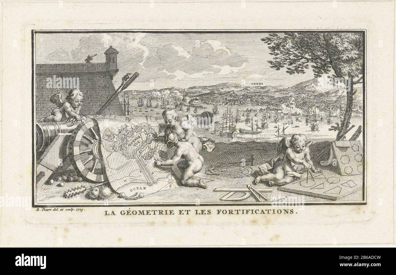 Putti studia una mappa con una pistola. Un altro putto disegna con una coppia di bussole varie figure geometriche. Sullo sfondo una vista sul porto italiano di Genova. Produttore : stampatore: Bernard Picart (proprietà in elenco) per disegnare: Bernard Picart (proprietà in elenco) Luogo di produzione: Amsterdam Data: 1729 caratteristiche Fisiche: Acquaforte e engra materiale: Carta Tecnica: Acquaforte / engra (processo di stampa) Misure: Bordo della lastra: H 75 mm × W 131 mmToelichtingPrent usato anche come illustrazione in: Fontenelle, Bernard Le Bovier Il. Oeuvres diverses. L'Aia: Pierre E Jean Gosse Neaulme, 1728-1729. Foto Stock