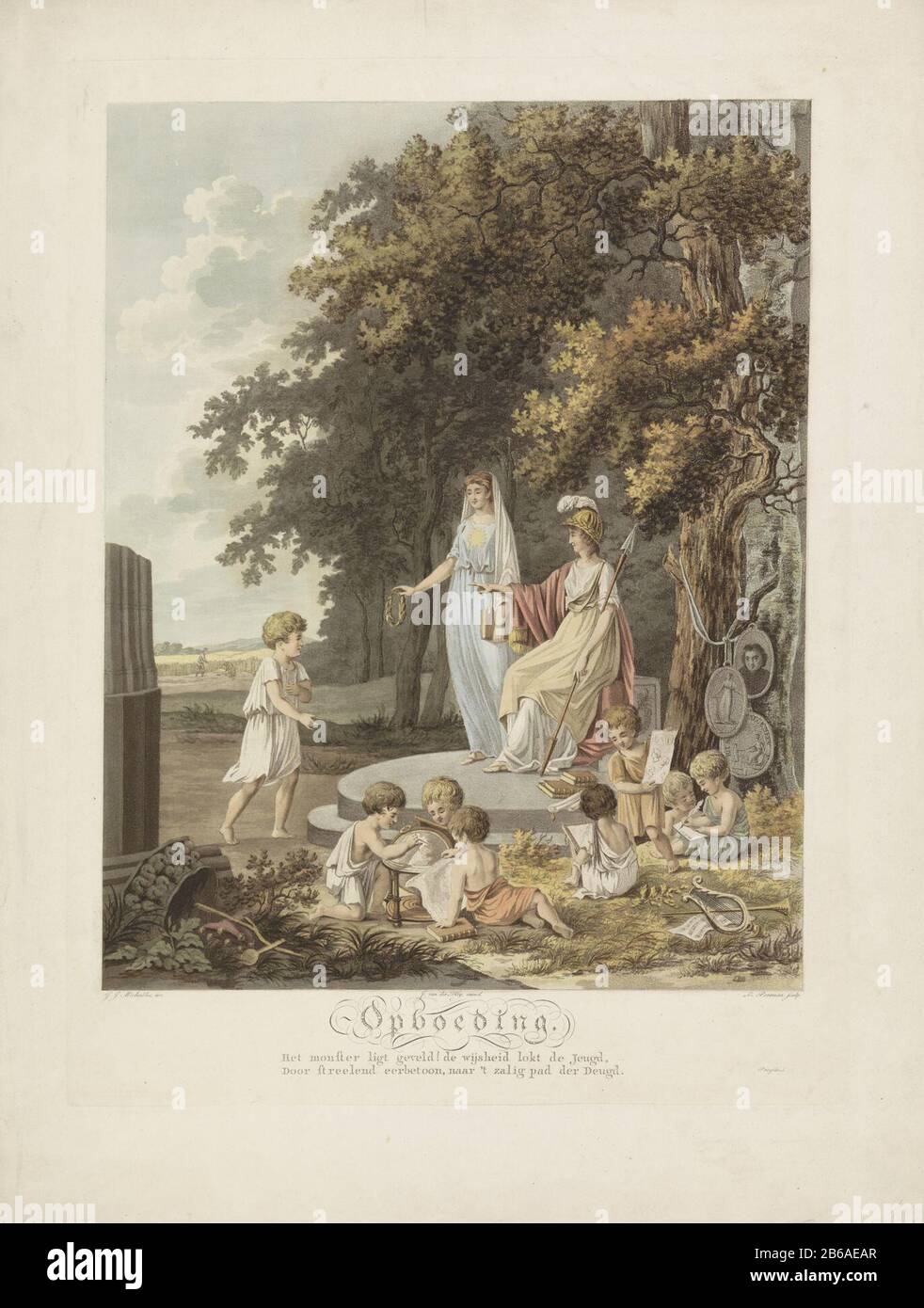 Allegoria dell'educazione, 1809 Educazione (oggetto del titolo) l'educazione allegoria emanata il 16 novembre 1809 nel 25th anniversario della Società per il Generale del Welfare pubblico. Saggezza e religione accolgono un ragazzo. In primo piano imparare i bambini. Al tronco di un albero si appende un nastro con tre medaglie, Dove: Sotto l'emblema della Compagnia e un ritratto di Jan Nieuwenhuyzen. Sotto la valvola a due linee verso. Quando l'immagine include un verklaring separato. Produttore : stampatore: Ludwig Gottlieb Portman (edificio elencato), progettato da Gerrit Jan Michaelis (edificio elencato) Editore: Johannes van d Foto Stock