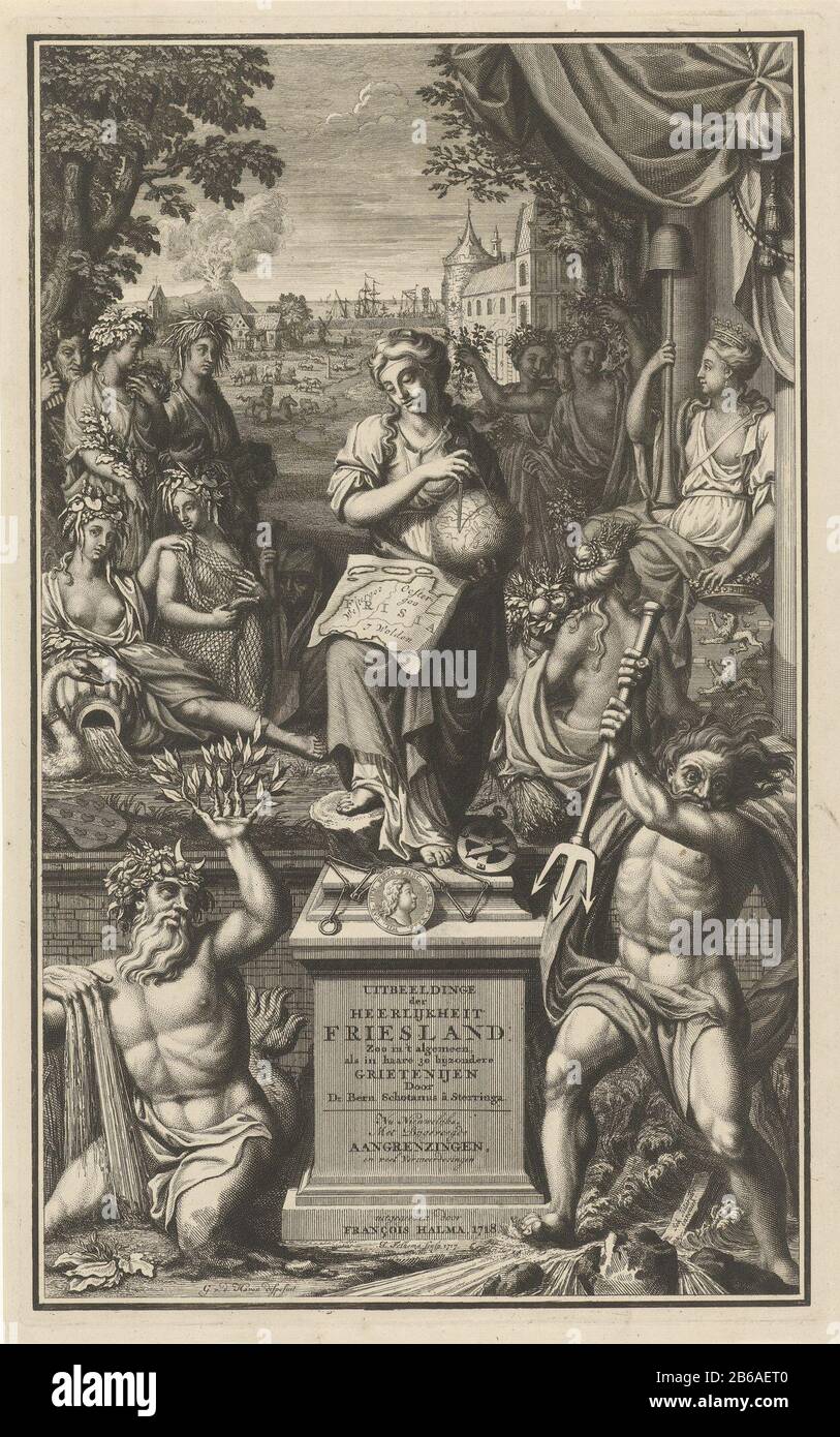 Allegoria sulla fertile pagina del titolo della Frisia per B Schotanus, Raffigurazione di Delicious heit Friesland, 1718 Astronomia centrata su un piedistallo, sulla sua coscia è una mappa di Frisia. L'astronomia sta tenendo un globo adottarli con una misura della bussola lungo il suo piede si trova un sestante. A sinistra e a destra di lei ci sono due dei fluviali. Sullo sfondo si staglia la destra della città di Leeuwarden che tiene in su il cappello di libertà su una tromba, la sua mano poggiando sullo stemma coronato di Leeuwarden. A sinistra la città da nubile è Ceres, dea dell'agricoltura. Le figure circostanti rappresentano la personificazione della Fertilità A. Foto Stock