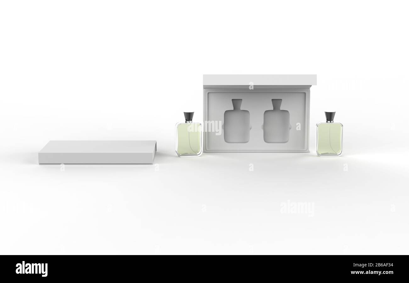 Due bottiglie di profumo in vetro mockup con confezione aperta e chiusa su sfondo bianco, illustrazione 3d. Foto Stock