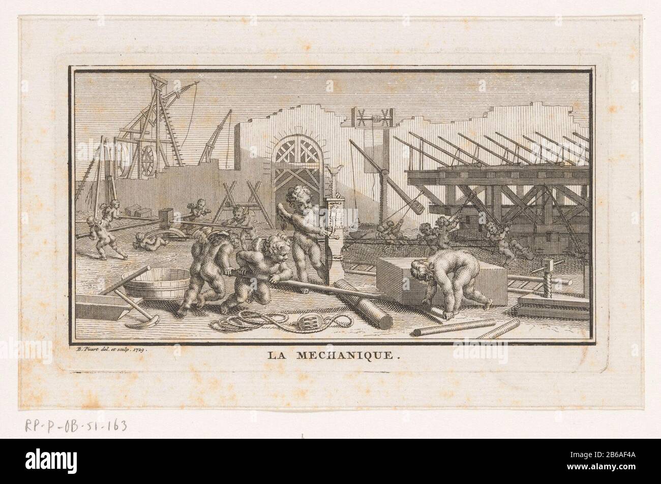 Allegoria meccanica la Mechanique (oggetto del titolo) Putti a lavorare su un cantiere. Fabbricazione Vervaardiger: Print maker: Bernard Picart (indicato sull'oggetto) al disegno di: Bernard Picart (indicato sull'oggetto) Luogo di produzione: Amsterdam Data: 1729 caratteristiche Fisiche: Acquaforte e engra materiale: Carta Tecnica: Acquaforte / engra (processo di stampa) Misure: Bordo della lastra: H 76 mm b × 133 mmToelichtingPrent utilizzato anche come illustrazione in: Fontenelle, Bernard le Bovier il. Oeuvres diverses. L'Aia: Pierre E Jean Gosse Neaulme, 1728-1729. Oggetto: Meccanica Foto Stock