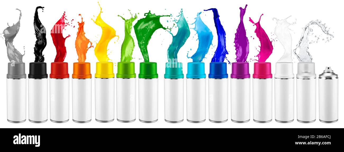 set raccolta fila di molti spray vari può spruzzare colorato arcobaleno vernice liquido colore spruzzi esplosione isolato su sfondo bianco. fai da te nel settore Foto Stock
