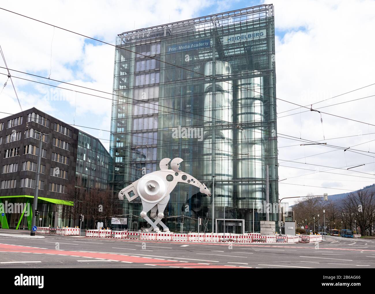 S-Printing scultura a cavallo di fronte al Print Media Building, Heidelberg, Germania, Europa Foto Stock