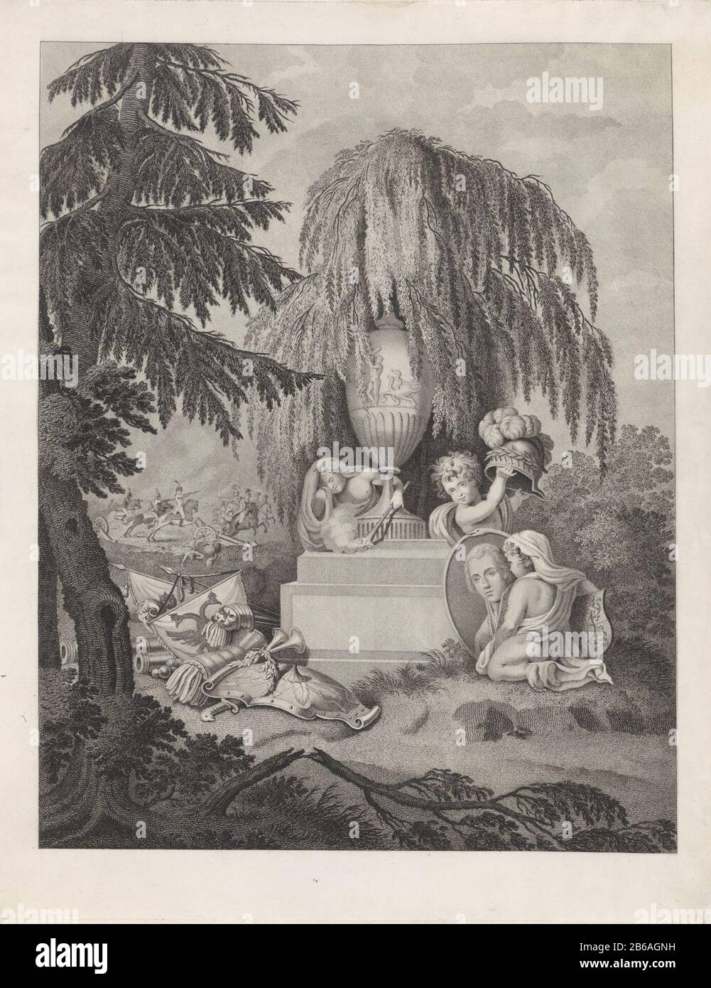 Monumento allegorico a George William Frederick, Principe di Orange-Nassau memoriale Allegorico di William George Frederick, principe di Orange-Nassau, deceduto a Padova, 6 gennaio 1799. In un monumento ombreggiato da salice piangente è un putto lutto con una fiaccola. Un altro putto mostra un casco e il terzo è nel ritratto. Al piano del monumento armatura e striscioni, sullo sfondo un ruitergevecht. Produttore : stampatore: James Wiseman a disegno: Jan Willem Pieneman luogo di produzione: Amsterdam Data: 1799 caratteristiche Fisiche: Incisione; materiale di prova: Tecnica della carta: Incisione dimensionale Foto Stock
