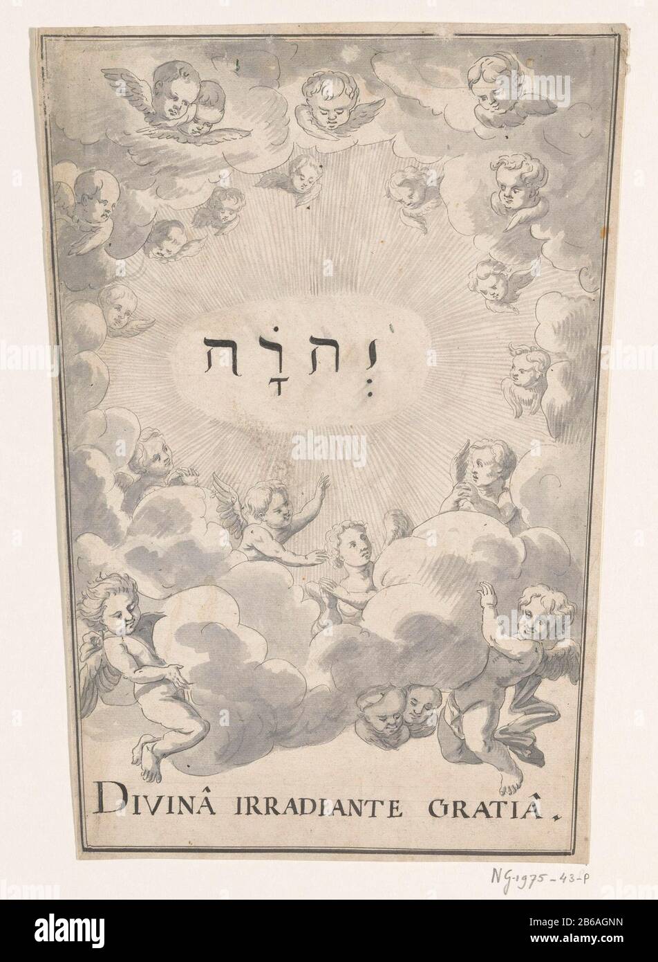 Allegoricamente emblema nel Trattato di Rijswijk, 1697 Logo con la radiante Tetragrammaton in cielo circondato da angeli. Iscrizione: Divina Irradante Gratia. Nei disegni dei bambini sul retro. Design per la decorazione alla celebrazione della pace di Rijswijk nel 1697. Produttore : artista: Anonimo luogo produzione: Northern Netherlands Data: 1697 caratteristiche Fisiche: Penna in nero e pennello in grigio materiale: Tecnologia dell'inchiostro: Dimensioni penna / pennello: H 305 mm × W 218 mm (superiore più largo del fondo) Oggetto: Feste su eventi o Importanza nazionale (+ decorazione festiva ~ attività festive Foto Stock