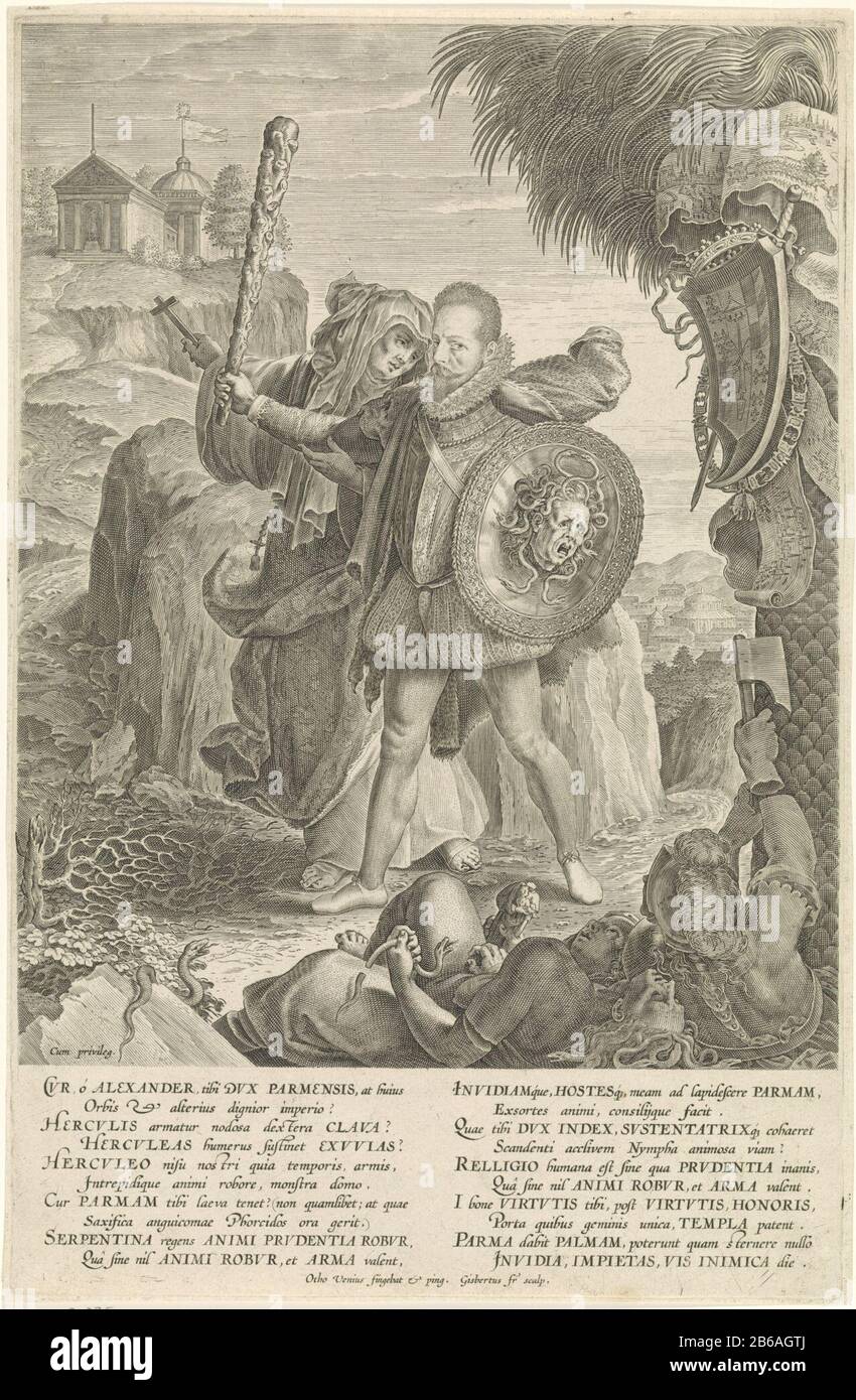 Ritratto allegorico di Alessandro Farnese, Duca di Parma Allegoria con Alessandro Farnese, Duca di Parma, come campione della chiesa cattolica nei Paesi Bassi, 1585. Parma come Ercole con club e scudo che punta al tempio della virtù su una roccia per la personificazione della religione (cattolica). Per lui essere sconfitto a terra Envy (Invidia) Onvroomheid (Impietas) con una immagine sacra e una forza Ostile (Vis INIMICA). Sulla palma a destra appendono le braccia di Parma e le immagini dell'assedio di Anversa e del ponte navale 1585. Produttore : printmaker: Gijsbert van Veen (listed property) Foto Stock