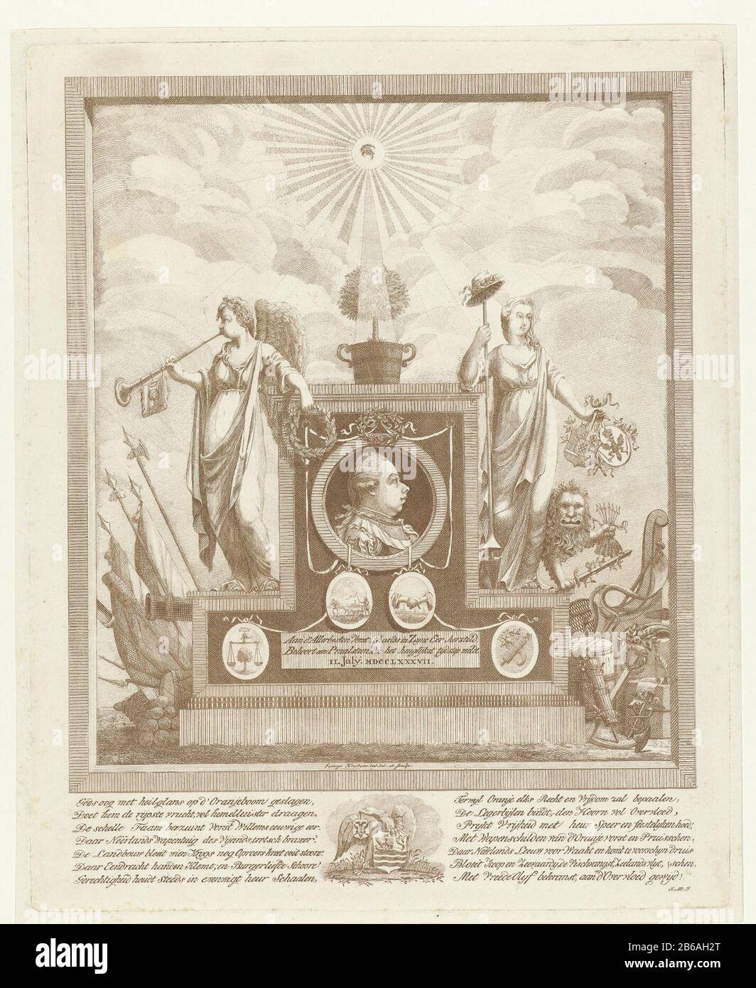Composizione allegorica In Onore di Guglielmo V, Principe d'Orange-Nassau, 11 luglio 1787 composizione allegorische in onore del principe Guglielmo V d'Orange-Nassau, 11 luglio 1787. Ad un altare è appeso un ritratto busto in un medaglione di Guglielmo V. Sotto il ritratto quattro altri medaglioni contenenti da sinistra a destra; giustizia, agricoltura, concordia, armi e cornucopia. Il ritratto di Guglielmo V è affiancato da due figure simboliche. La sinistra alata Fame con la sua tromba e destra una signora con libertà e cappello nella sua mano sinistra le braccia di Orange e Prussia. Dietro di lei, guardando il Leone Olandese. Sull'altare c'è la Foto Stock