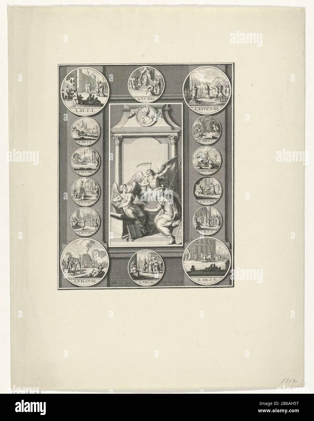 Figure allegorische circondate da quattordici medaglie Congregazione del Padre Tempo, Minerva e la personificazione Delle Arti Della Scrittura, circondata da quattordici di dimensioni diverse medaglie con rappresentazioni dal classico geschiedenis. Produttore : stampatore Jacob Folkema (proprietà elencate) a disegno: Jan Goeree (edificio elencato) Datato: 1702 - 1767 caratteristiche Fisiche: Incisione e engra materiale: Carta Tecnica: Incisione / engra (processo di stampa) dimensioni: Foglio: H 195 mm (incorniciato) × b 155 mm Oggetto: Eventi e situazioni della storia classica (storia di) Minerva (Pallas Athena) Padre Tempo, uomo con w Foto Stock