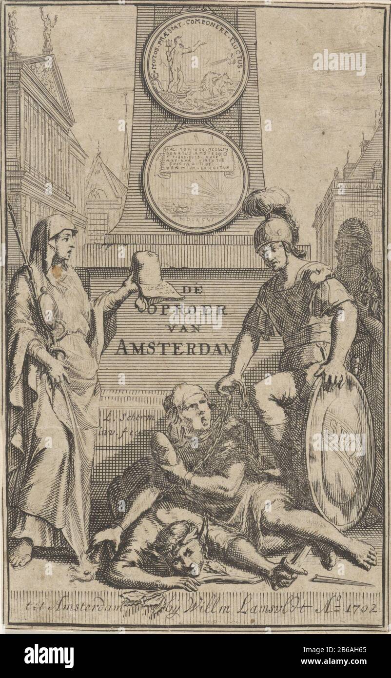 Allegoria per un obelisco Dove: Due agitatori (l'Aansprekersoproer 1696) da un soldato incatenato e oppresso. Attenzione la sinistra è uno specchio e un serpente. Sulla destra è il soldato sul suo scudo l'abbreviazione S.P.qA. (Il Senato e il popolo di Amsterdam). Nella sua mano sinistra si ammance, che ammangeva l'uomo davanti a lui. Sotto questo uomo c'è un uomo con orecchie d'asino e un pugnale rotto. Sull'obelisco sono due medaglioni con zeesymboliek vedere: Sopra Nettuno sul suo carro e sotto il mare. A sinistra sullo sfondo il municipio sulla diga. Produttore : printmaker Laurens Screen (elencato bu Foto Stock