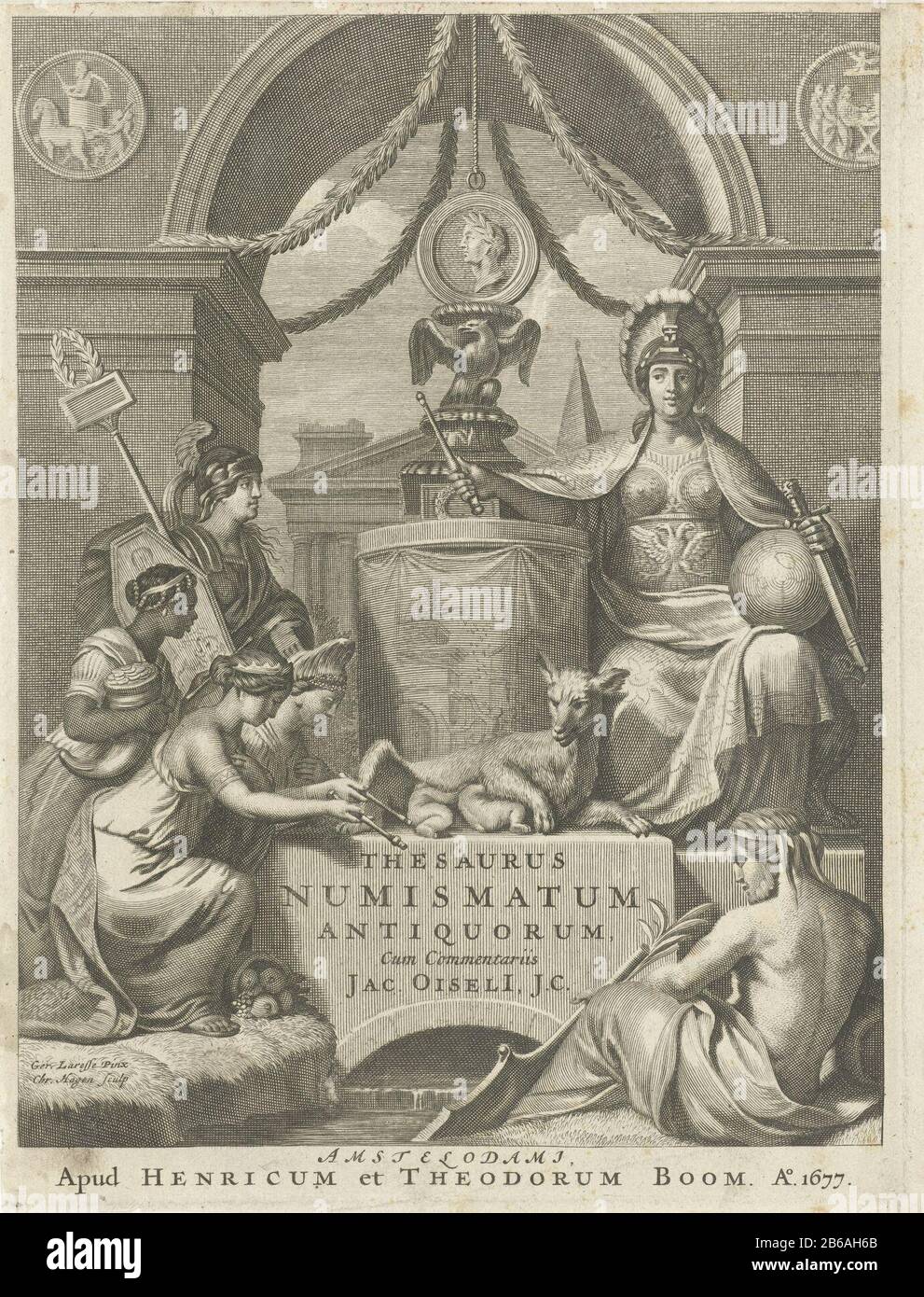 Allegorische figure da un arco pagina del titolo per J Oisel, Thesaurus selectorum numismatum antiquorum, 1677 Sotto un arco trionfale è giusto una figura allegorica femminile con pesante d, globo e scettro. Indossa un casco sulla testa. Quattro cifre a sinistra. Al centro, il titolo sormontato da un luvino reclinabile, Romulus e Remus si nutre. In primo piano un dio del fiume seduto sull'acqua. Le due righe più in basso nel Latijn. Produttore : stampatore Christiaan Hagen (proprietà elencata) a dipingere da Gerard de Lairesse (edificio elencato) Editore: Hendrick e Dirk Tree (proprietà elencata) Luogo manufacturt Foto Stock