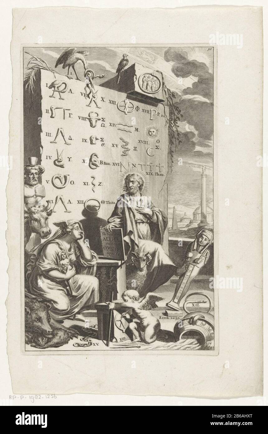Pietra allegorica di Cristo con caratteri egiziani Io sono l'Alfa e l'Omega (oggetto titolo) Cristo con il titolo di agnello e tavoletta è una pietra con numeri romani, simboli egiziani e lettere greche. Con il piede spinge giù un sarcofago. La sinistra è una donna con le ali sulla testa e un'immagine di Artemide come la dea della fertilità. Con la sua faccia un uomo con corna e una mucca e i suoi piedi sono due animali. Right è un putto con riferimenti ai caratteri egiziani. Destra sopra 50 genummerd. Produttore : stampatore: Anonimo al disegno di: Zwansvliet Data: 1690 Materiale: Carta Tecnica: Foto Stock
