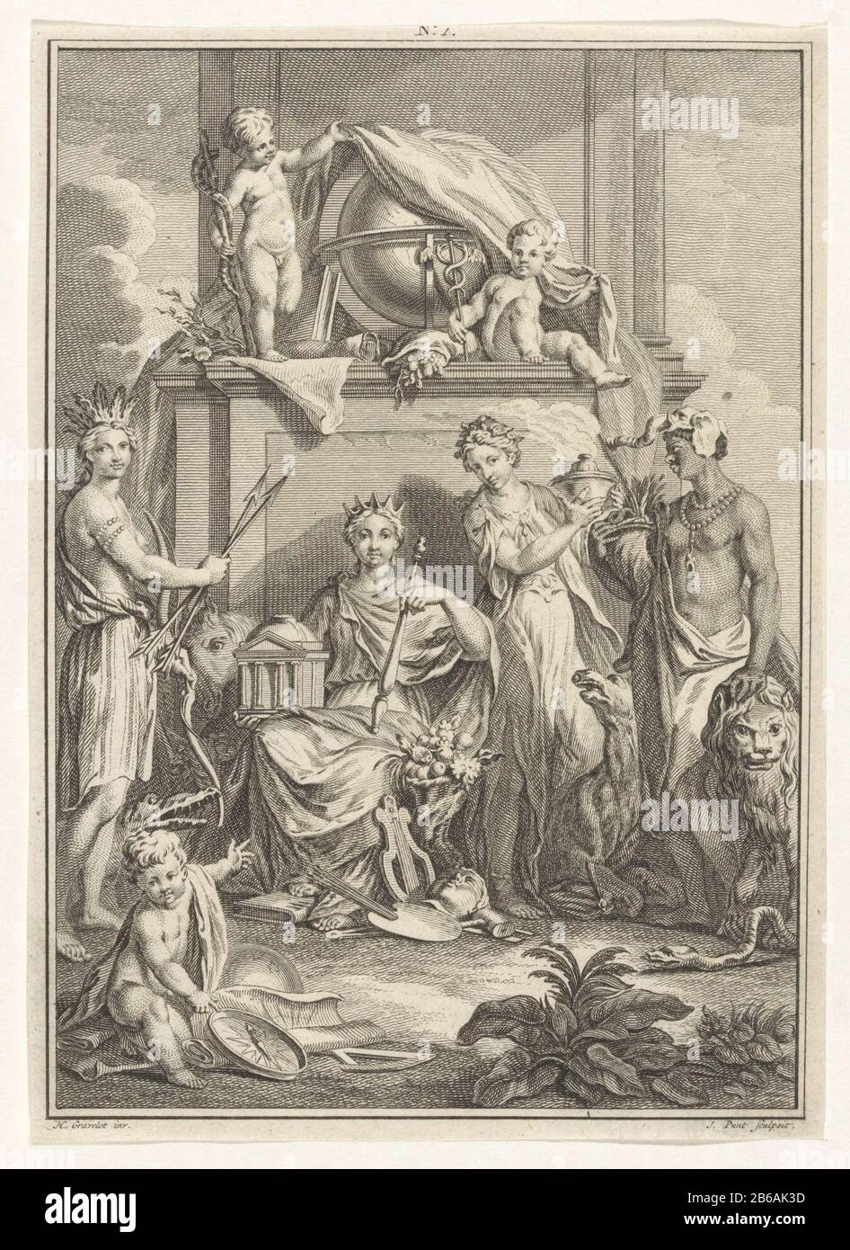 Allegorische performance con personificazione di quattro parti del mondo un putto con punti di misura alle quattro personificazioni femminili dei continenti America, Europa, Asia e Africa. Dietro di loro, rivelando due putti con medico e caduceo un globo. Centro superiore N. 1. Produttore : stampatore Jan Point (edificio elencato), progettato da Hubert François Gravelot (proprietà elencata) Luogo di produzione: Paesi Bassi Data: 1721 - 1779 Materiale: Carta Tecnica: Acquaforte / engra (processo di stampa) dimensioni: Foglia : H 212 mm (taglio Interno del bordo della piastra.) b × 152 mm (taglio Interno del bordo della piastra.) Foto Stock