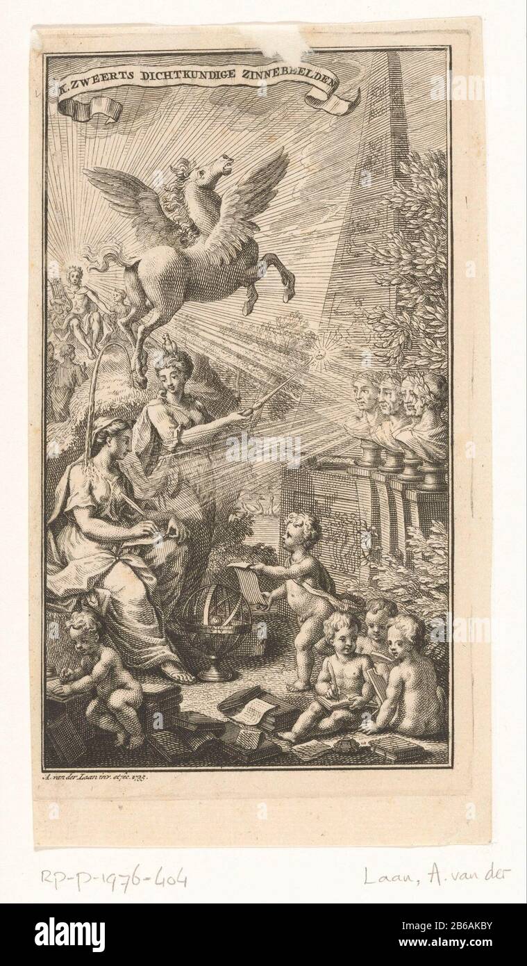 Scrittura allegorica con moglie, busti, Pegasus e Apollo Titelpagia per Cornelis Sweerts, emblemi Close Protection, 1736 una donna di scrittura siede per quattro busti imperiali. Accanto a lei si sta preparando con la testa di un uccello e scettro con il sole in mano. Punta verso i busti e l'obelisco accanto ai busti. In primo piano, una sfera armillare e putti di scrittura. Dietro le donne che volano Pegasus. Sullo sfondo è Apollo con lira circondata da muse. Apollo brilla i suoi raggi sui quattro busti che a loro volta scrivono la donna verlichten. Produttore : stampatore Adolf van der Laan (edificio elencato) nel suo de Foto Stock Scrittura allegorica con moglie, busti, Pegasus e Apollo Titelpagia per Cornelis Sweerts, emblemi Close Protection, 1736 una donna di scrittura siede per quattro busti imperiali. Accanto a lei si sta preparando con la testa di un uccello e scettro con il sole in mano. Punta verso i busti e l'obelisco accanto ai busti. In primo piano, una sfera armillare e putti di scrittura. Dietro le donne che volano Pegasus. Sullo sfondo è Apollo con lira circondata da muse. Apollo brilla i suoi raggi sui quattro busti che a loro volta scrivono la donna verlichten. Produttore : stampatore Adolf van der Laan (edificio elencato) nel suo de Foto Stock