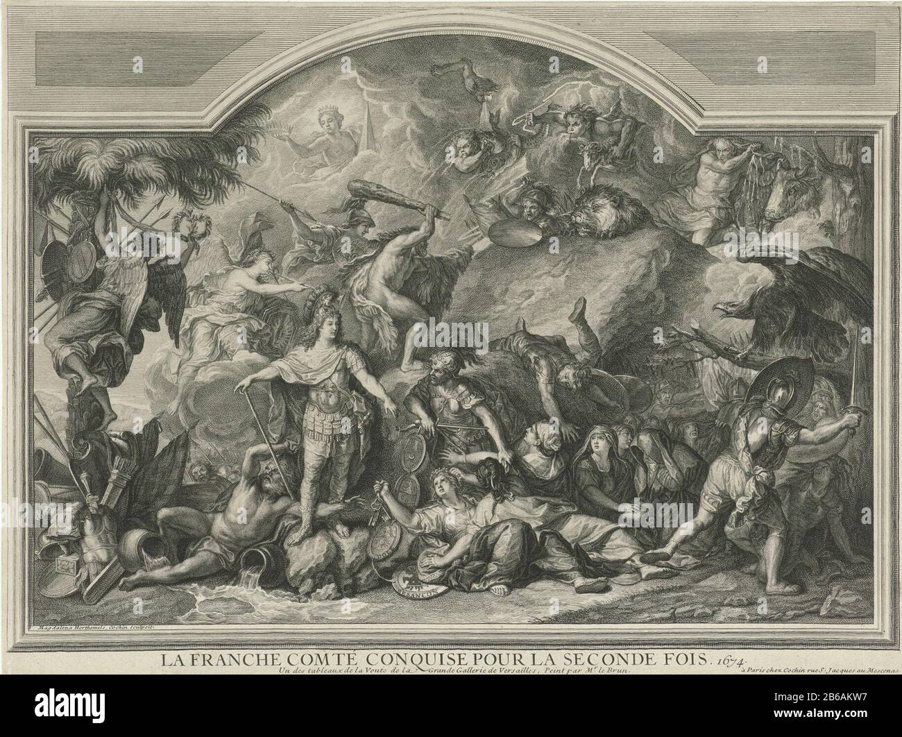 Prendendo Besancon; Franche-Comté ricatturato per la seconda volta dai francesi, 1674. Al centro è il comandante dell'esercito Henri de la Tour d'Auvergne (Turenne), che prende le chiavi della città per le città conquistate Virgin di Besancon, la capitale della regione spagnola della Franca -Comte, essendo riconquistata dai francesi nel 1674. Produttore : printmaker: Louise MagDELOLINE Hort Heavenly (proprietà elencata) to painting: MR. Le Brun (edificio elencato) editore: Louise MagDELOLINE Hort Heavenly (proprietà elencata) Fabbricazione Del Luogo: Parigi Data: 1696 - 1767 caratteristiche Fisiche: Acquaforte e engra materiale: Paper Tech Foto Stock