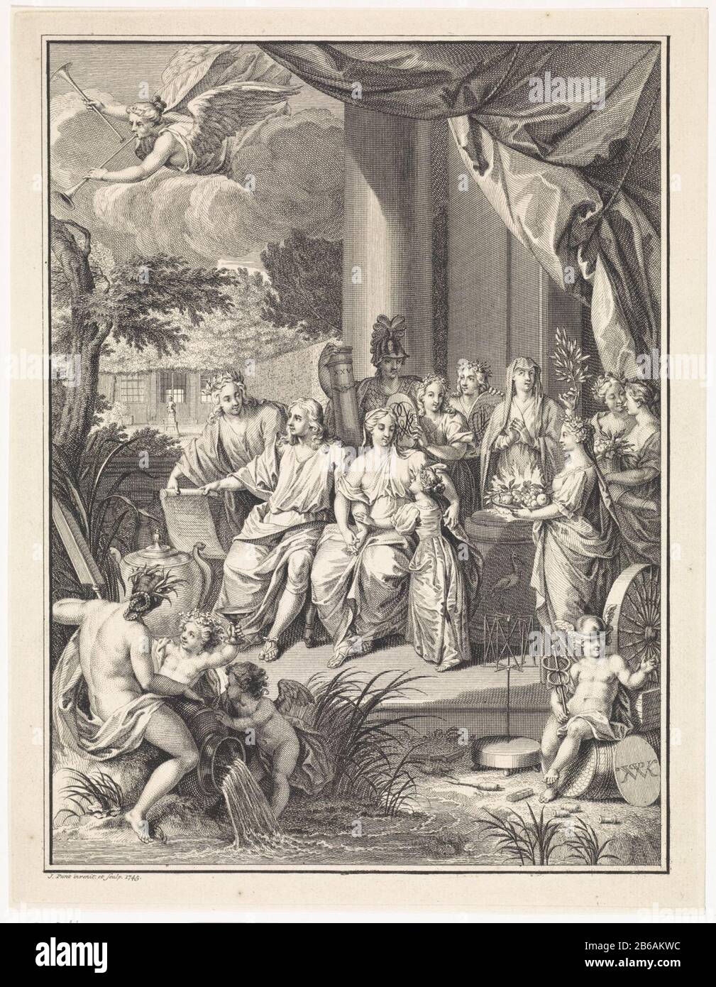 Allegoria in occasione del matrimonio d'argento di William Philip Kops e dell'allegoria di Johanna de Vos, fatto in occasione del matrimonio d'argento di William Philip Kops e Johanna de Vos, il 22 settembre 1745. L'amore della coppia, circondato da figure allegoriche, per un tempio. Due donne tengono in mano gli stemmi recanti le iniziali della coppia. La pietà è all'altare, con le mani piegate in preghiera. La fermezza mantiene il suo solido colonnare, che è evidenziato: XXV. A sinistra in primo piano un Dio fluviale con putti e a destra un putto con gli attributi di Mercurio a uno spinneWie: L. Volare dentro Foto Stock