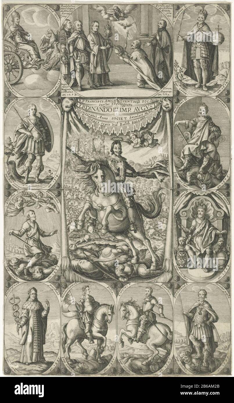 Allegoria dell'imperatore Ferdinando III Ritratto equestre di Ferdinando III d'Austria Arciduca e imperatore del Sacro Romano Impero, vittorioso. Sopra la testa, un angelo con un corona di alloro. Il ritratto di Ferdinando III è incorniciato ritratti dei suoi predecessori, anche raffigurato come overwinnaars. Produttore : stampatore: Peter Rucholle (proprietà quotata) Luogo di produzione: Anversa Data: 1640 caratteristiche Fisiche: Materiale dell'automobile: Carta Tecnica: Engra (processo di stampa) dimensioni: Bordo della lastra: H 312 mm × W 194 mmOnderwerpWie Ferdinand III (imperatore tedesco) Massimiliano II (imperatore del Sacro Romano Impero) Rudo Foto Stock